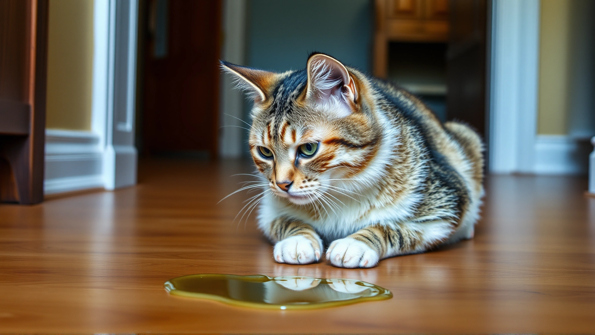 Photo of a domestic cat on a wooden floor looking nauseous near a small puddle of vomit.
