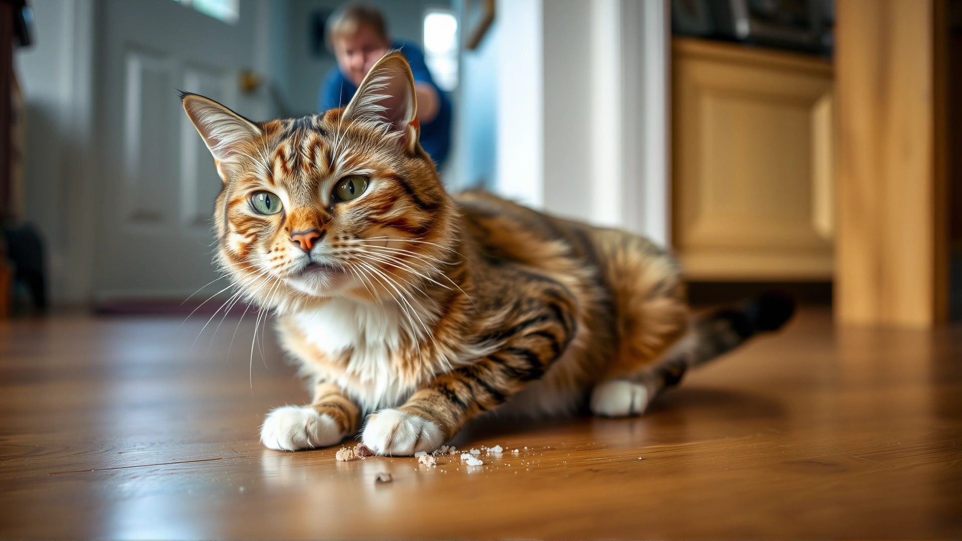 Domestic short-haired cat in mid-vomit on a hardwood floor, with a concerned owner in the background gently reaching out.
