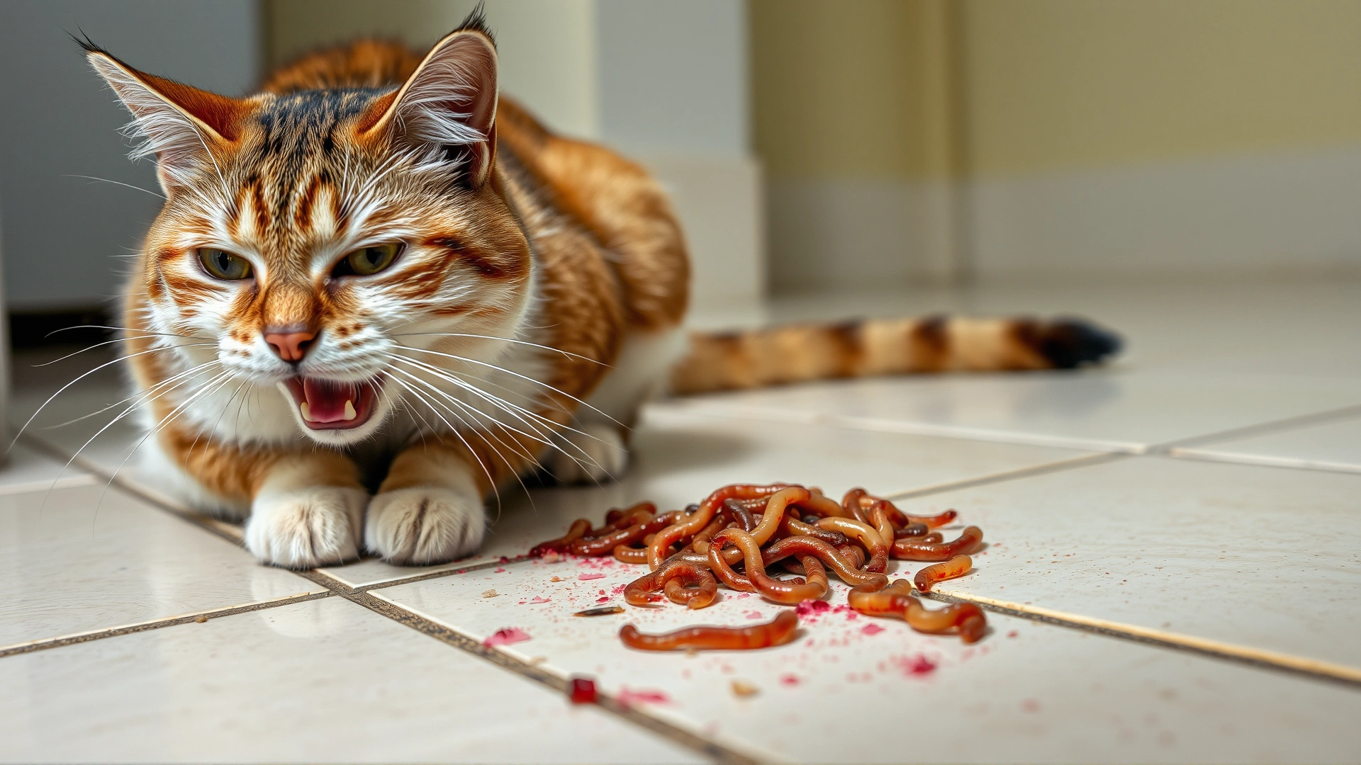 Photo of a domestic cat appearing nauseous beside a small pile of vomit on a tiled floor, conveying clinical signs of gastric worms