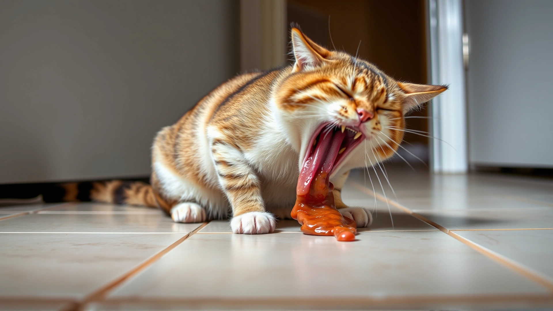 Photo of a domestic cat on a tiled floor in mid-vomit posture, illustrating gastrointestinal distress.