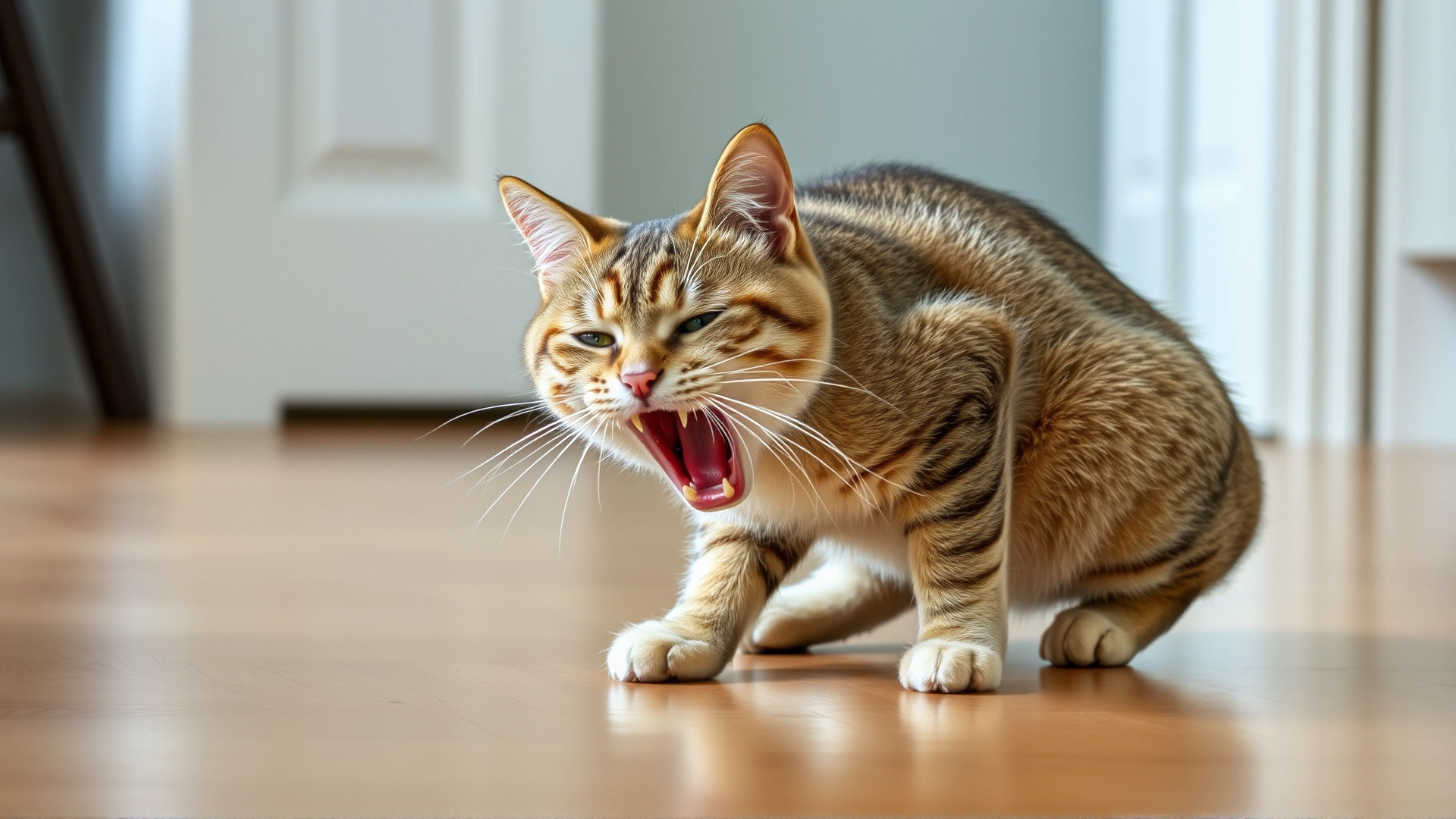 Domestic short-haired cat crouching on hardwood floor with slightly arched back and open mouth, appearing about to vomit, soft indoor lighting.