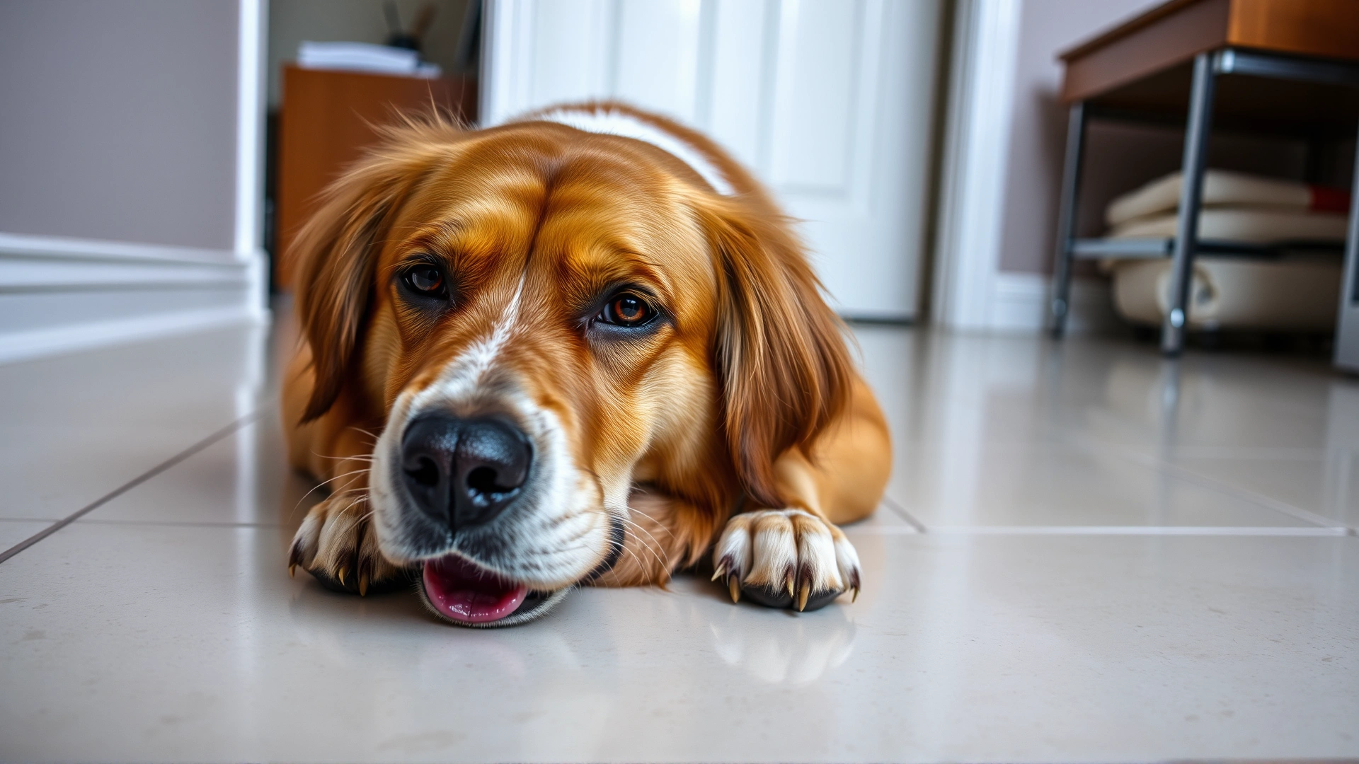 Dog with head slightly lowered and tongue out, looking nauseous, indoors on tile floor