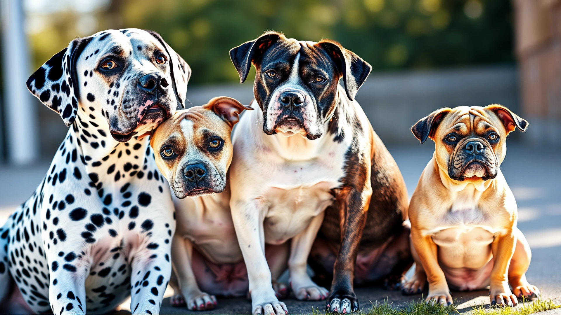 Collage-style image showing four different short-haired or light-coated dog breeds (Dalmatian, Pit Bull, Boxer, Chinese Crested) sitting together outdoors in sunlight