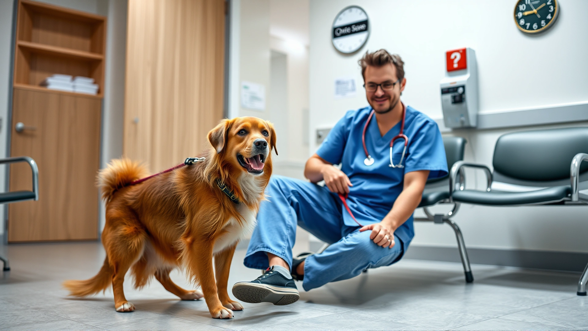 Pet owner sitting in a veterinary waiting room with a leashed dog by their side, calm and orderly environment