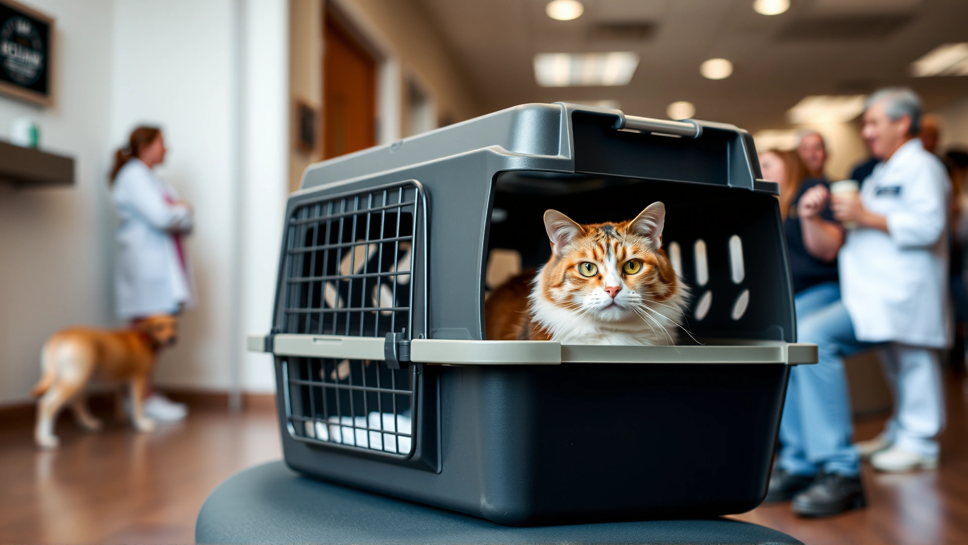 Cat inside a sturdy plastic carrier placed on a waiting room chair, blurred figures of pets and owners in the background of a vet clinic lobby.