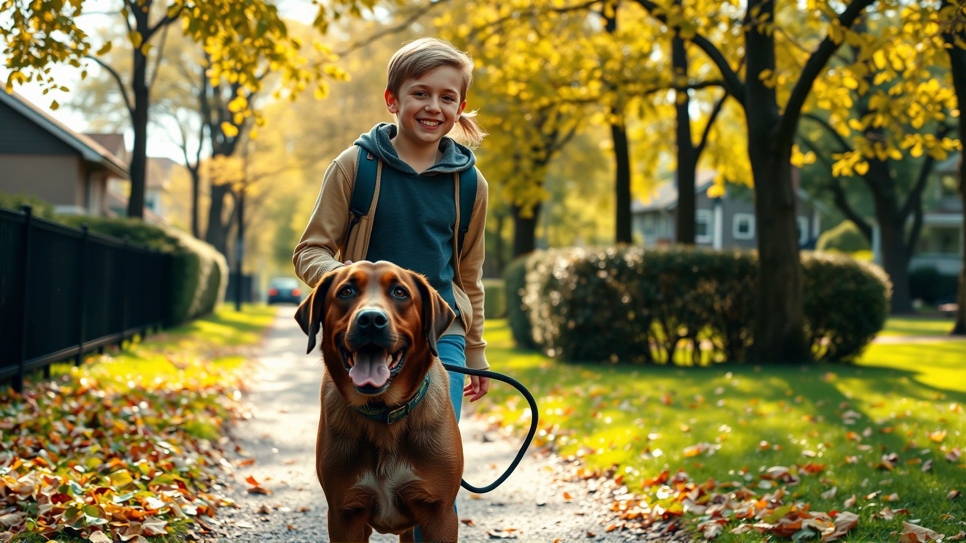 Preteen walking a Labrador on leash through a leafy suburban park trail, both looking happy and active.
