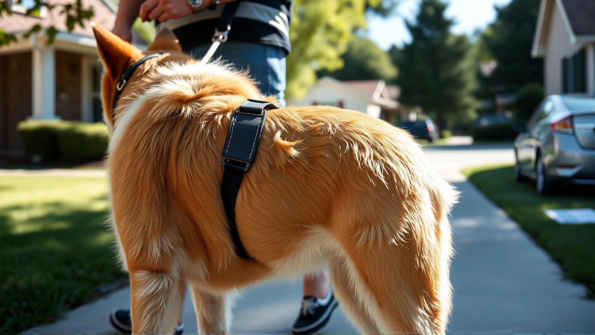 Side view of a dog and its owner walking in a sunny neighborhood, leash attached to a harness