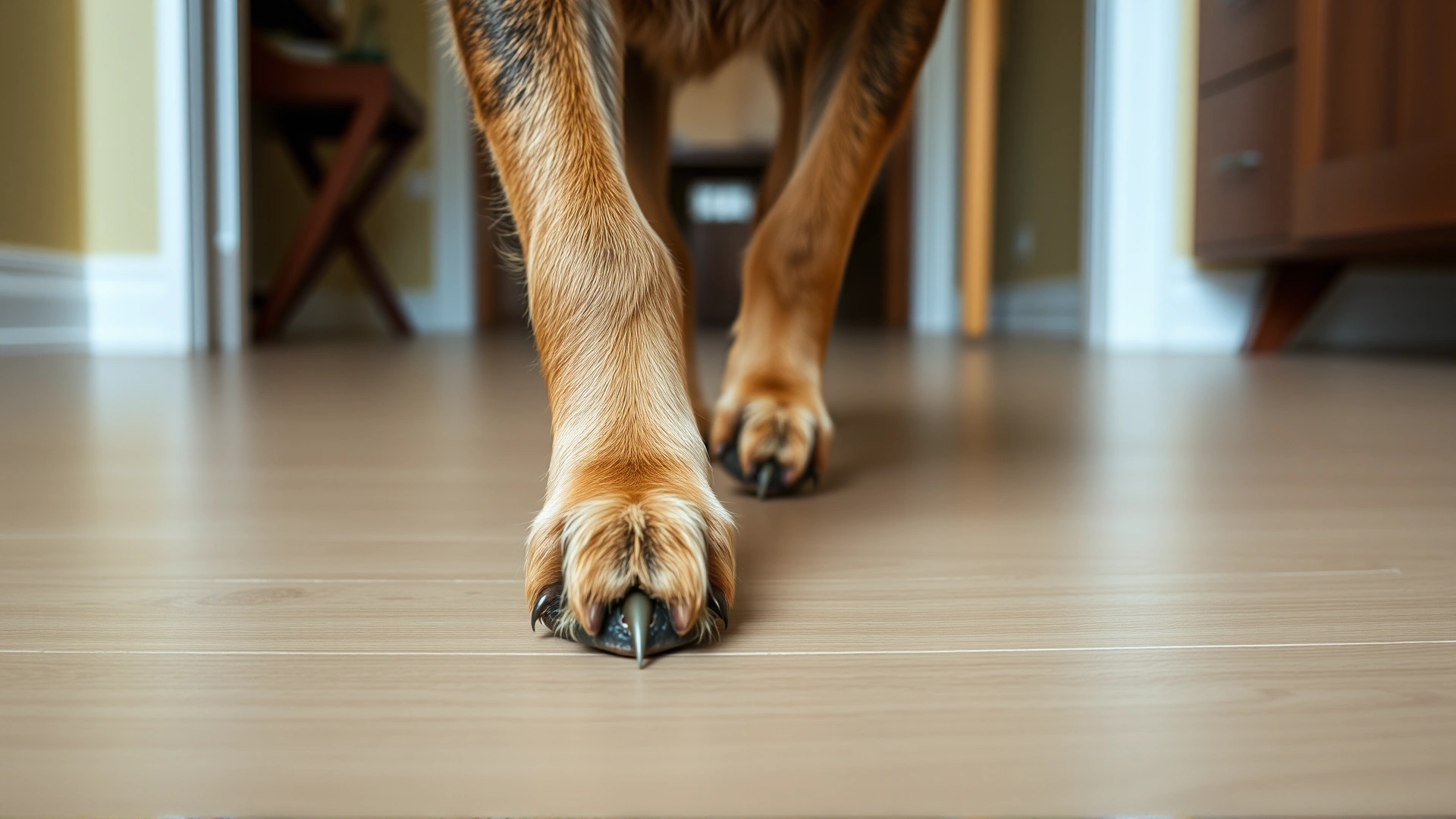 Medium shot of a dog walking on a smooth indoor floor, nails clearly audible against the surface to illustrate overgrown length.