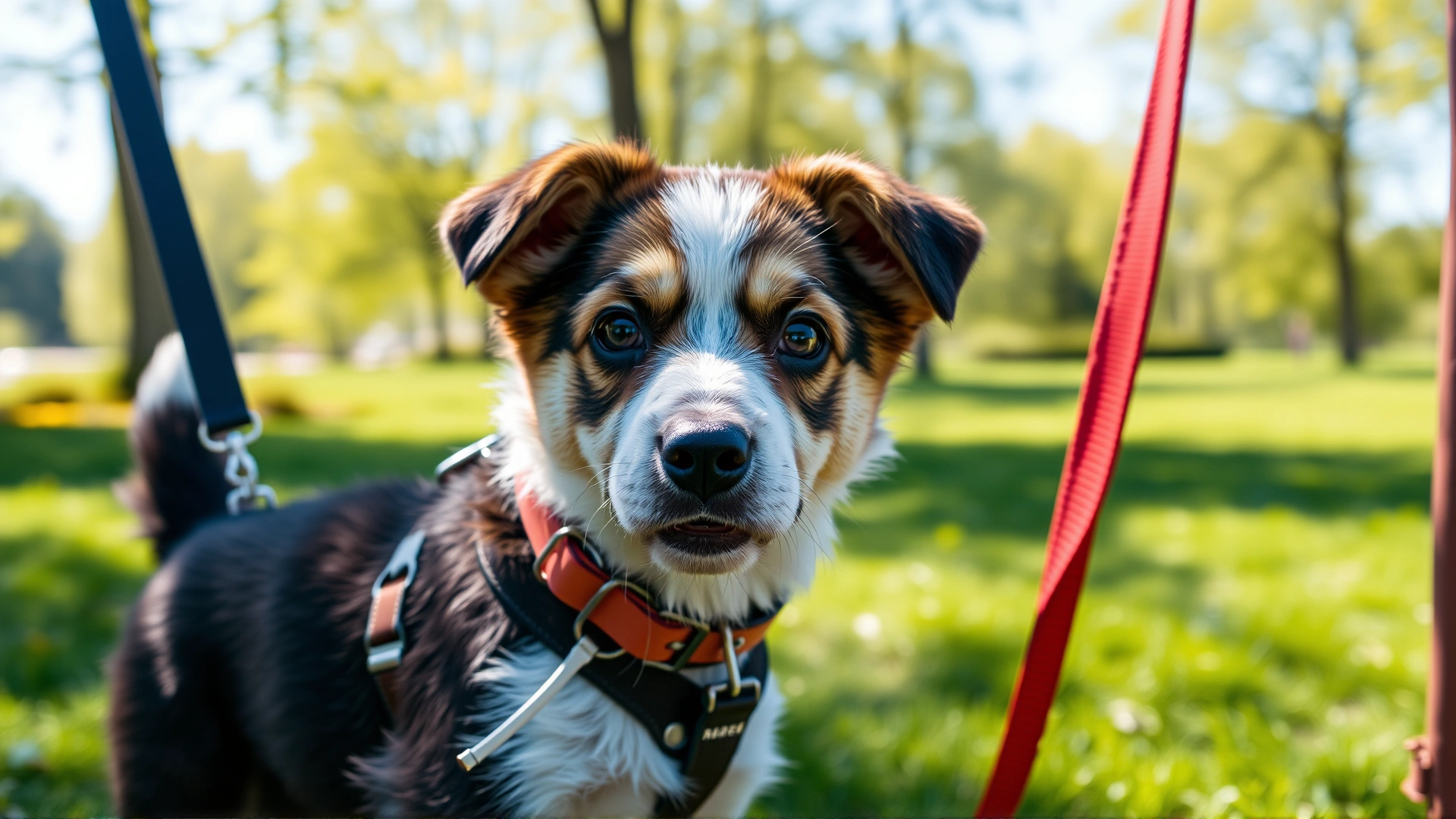 A puppy wearing a collar, harness, and leash while walking beside its owner in a green park on a sunny day.