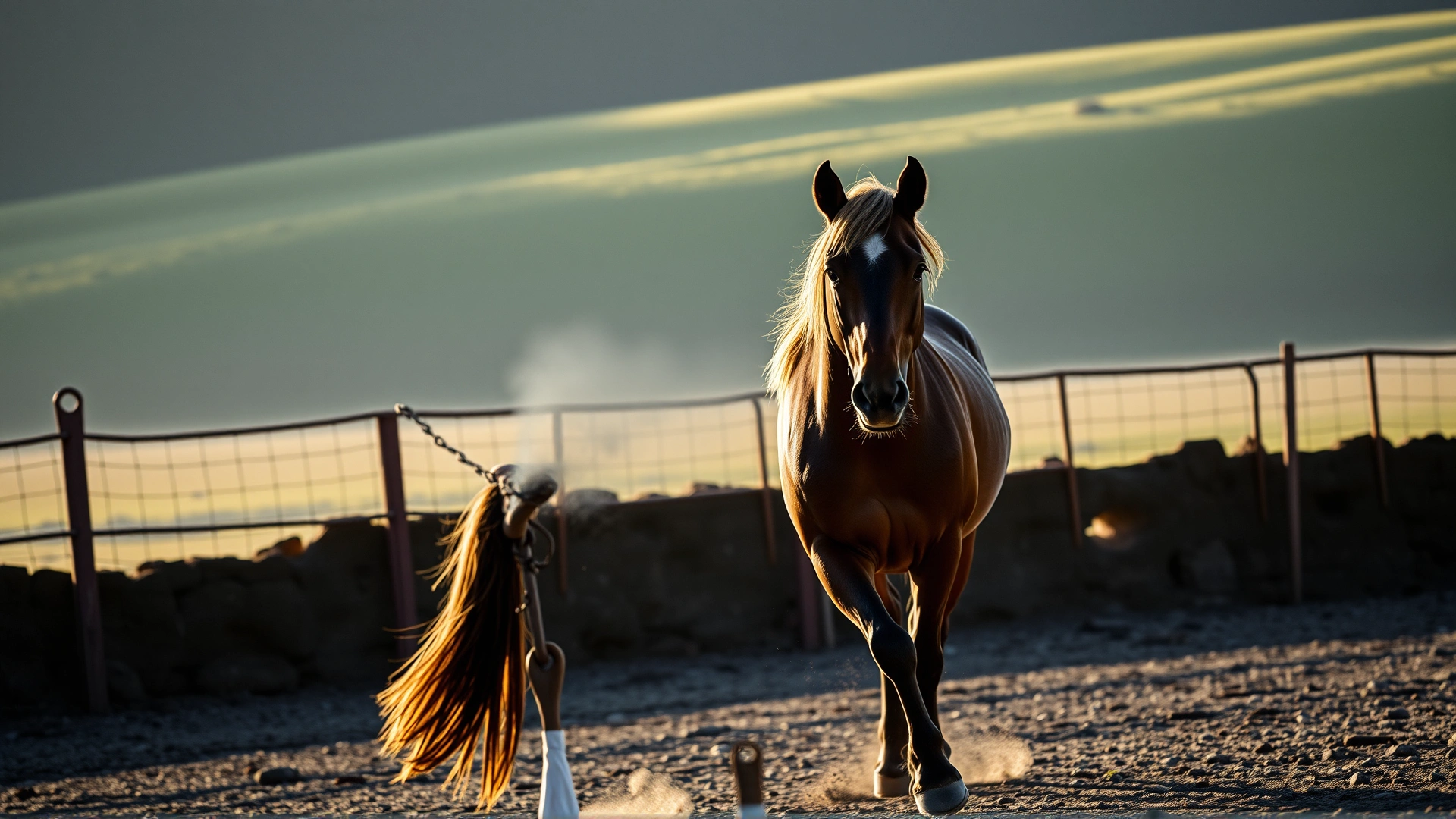 Horse owner walking a distressed horse slowly in a round pen to prevent it from rolling, early morning light