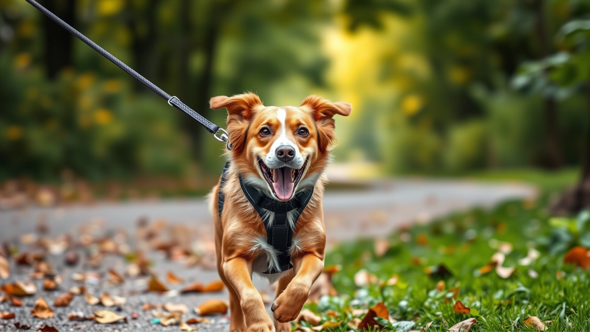 Energetic dog wearing a harness walking confidently on a leash through a leafy path, motion blur in background