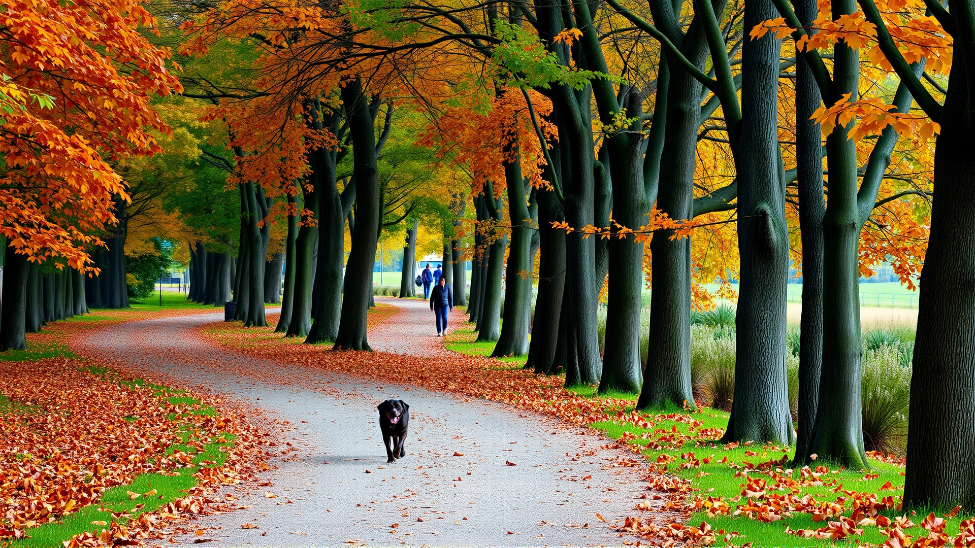 Scenic tree-lined walking trail with autumn leaves and a person with their dog visible in the distance, inviting viewers to join the walk