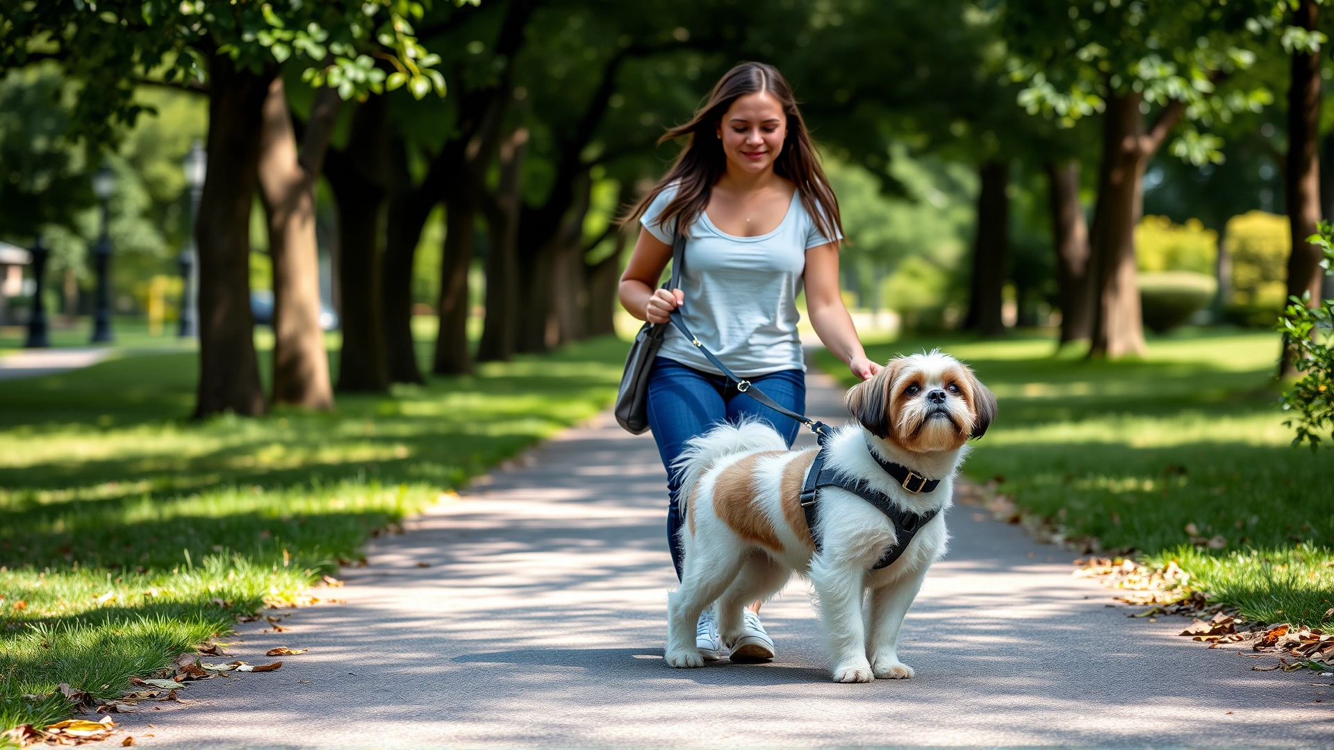 Young woman walking a Shih Tzu with a front-clip harness on a shaded park trail, both appearing relaxed and happy.