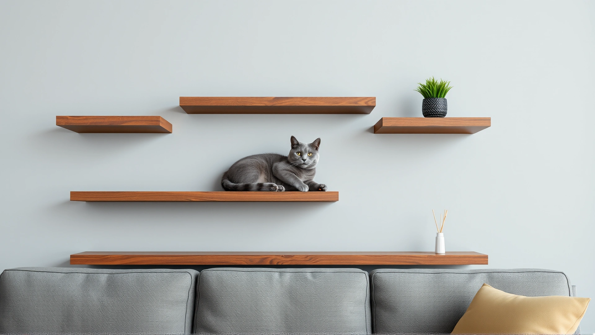 Close-up of a grey cat lounging on a set of staggered wall shelves mounted above a sofa