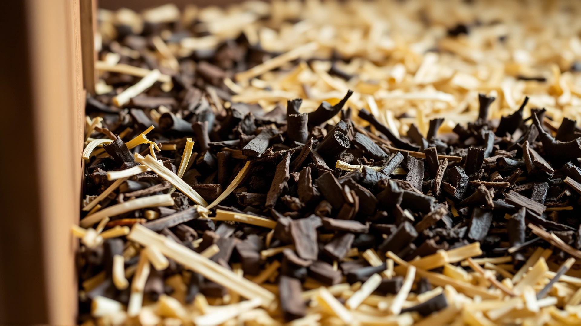 Macro shot of dark-colored black walnut wood shavings mixed into lighter pine bedding on a stable floor.