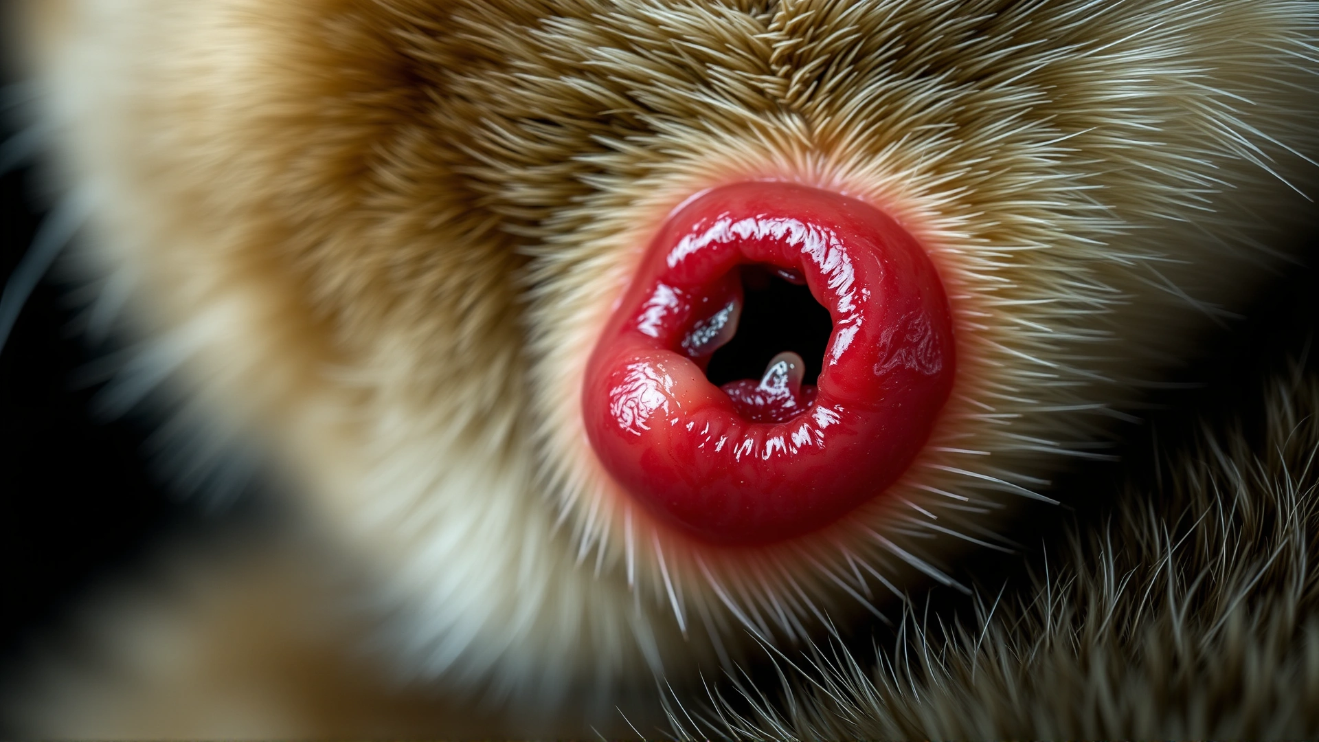 Macro shot of a small inflamed lump with a tiny breathing hole on a cat’s skin, no graphic gore.