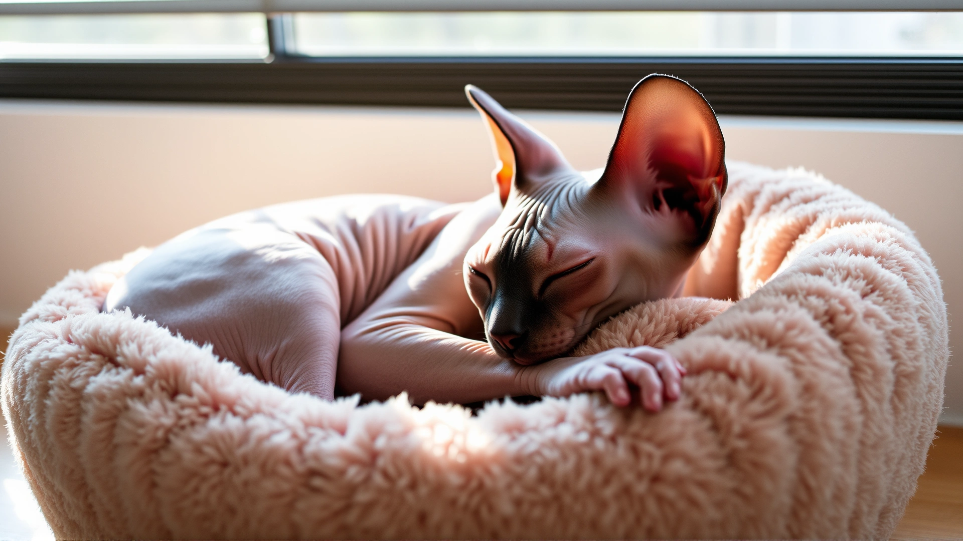 Sphynx cat sleeping peacefully in a plush self-warming cat bed placed next to a window with gentle sunlight filtering through