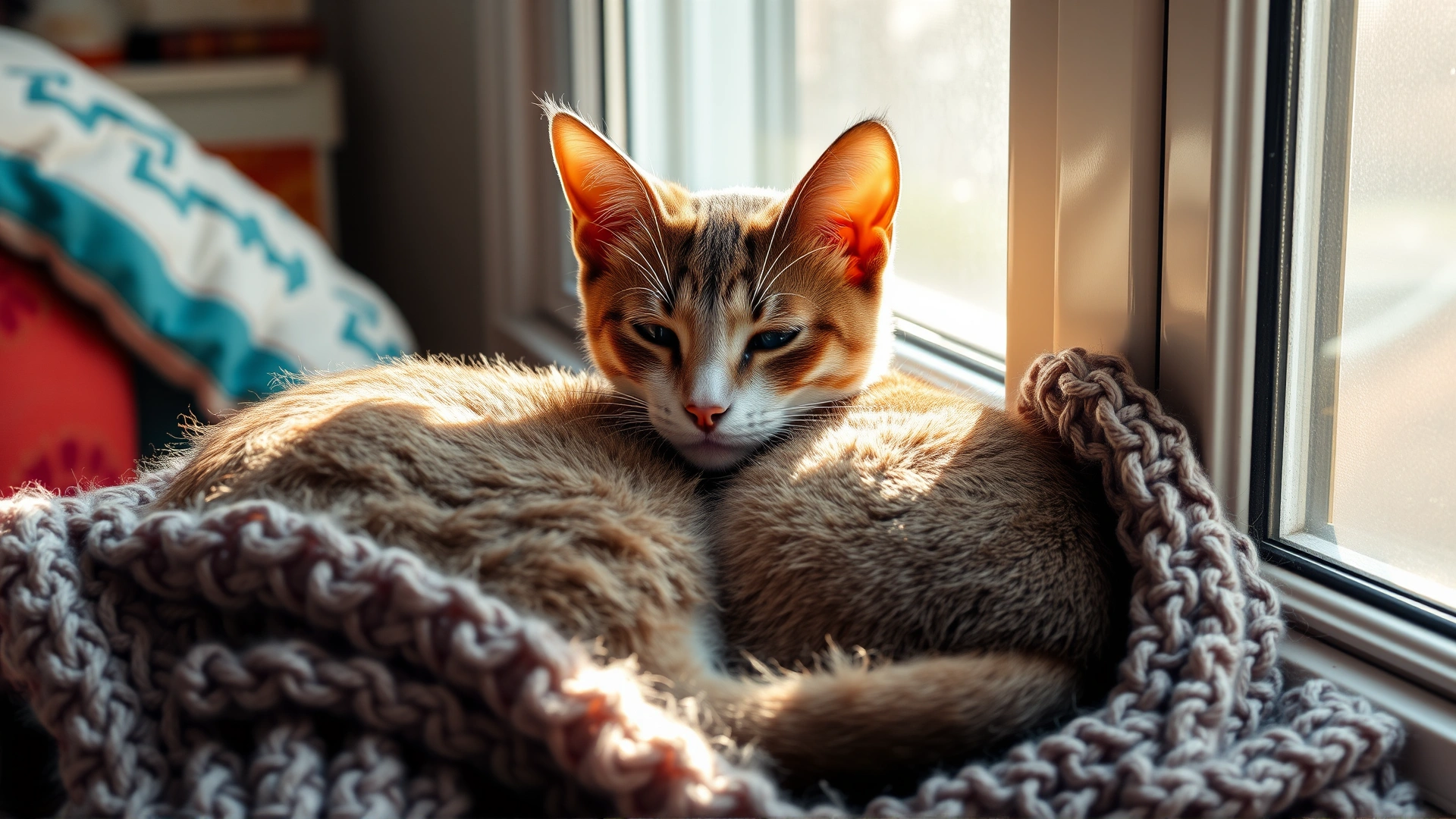 Rex cat curled up in a knitted blanket next to a sunlit window, cozy home atmosphere.