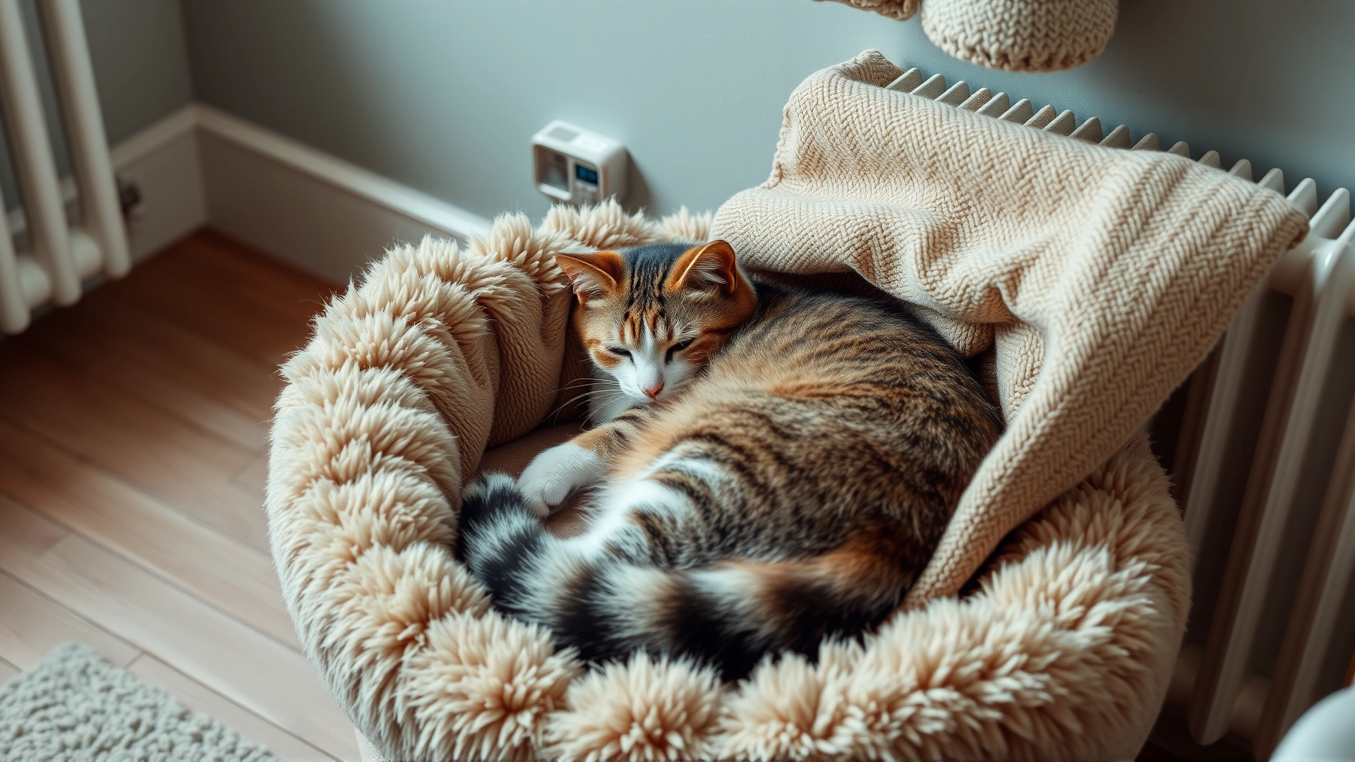 Indoor scene showing a cat curled up in a plush heated bed beside a radiator with a soft throw blanket.