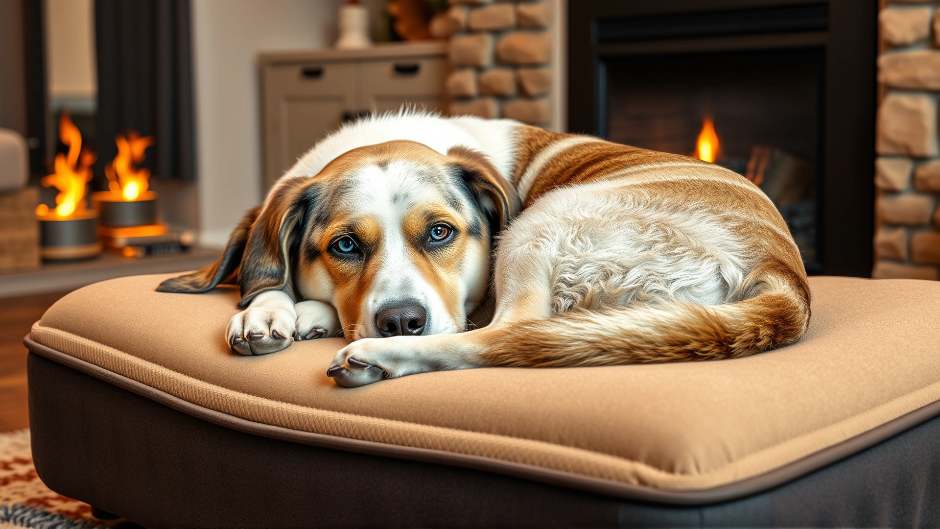 Senior dog curled up on an orthopedic memory-foam bed beside a fireplace inside a cozy living room