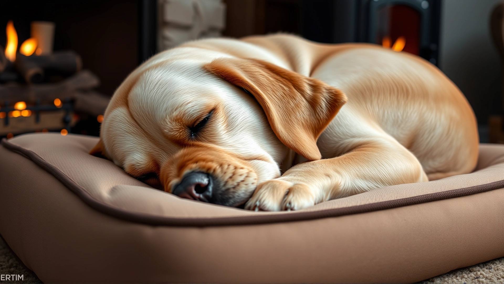 Close-up of an elderly Labrador Retriever curled up on a thick, orthopedic memory-foam dog bed beside a lit fireplace.