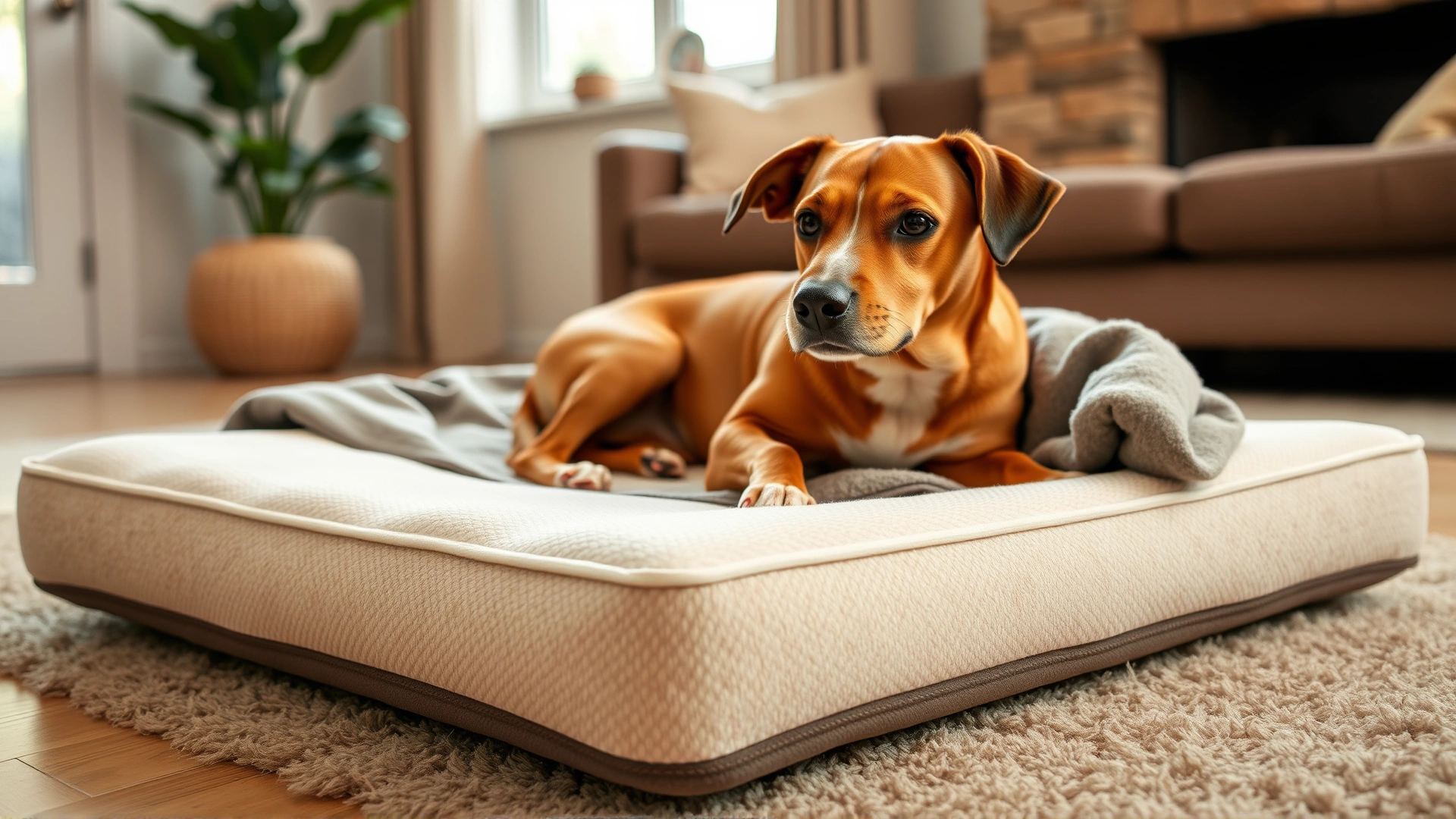 Close-up of a plush memory-foam dog bed topped with a fleece blanket in a warm living room setting