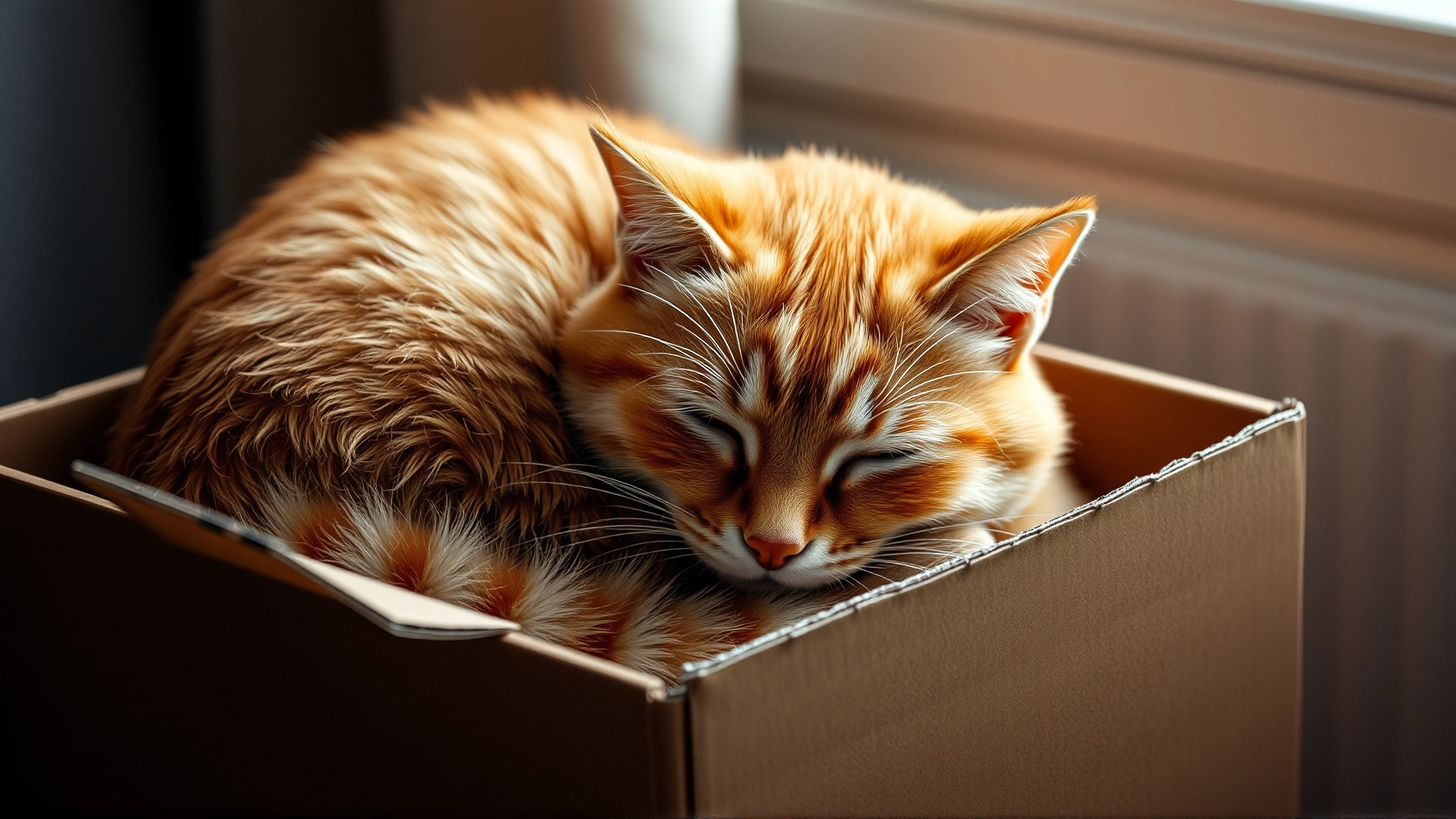 Orange cat curled up asleep inside a snug cardboard box, showing visible breath condensation in a cool room to emphasize warmth.