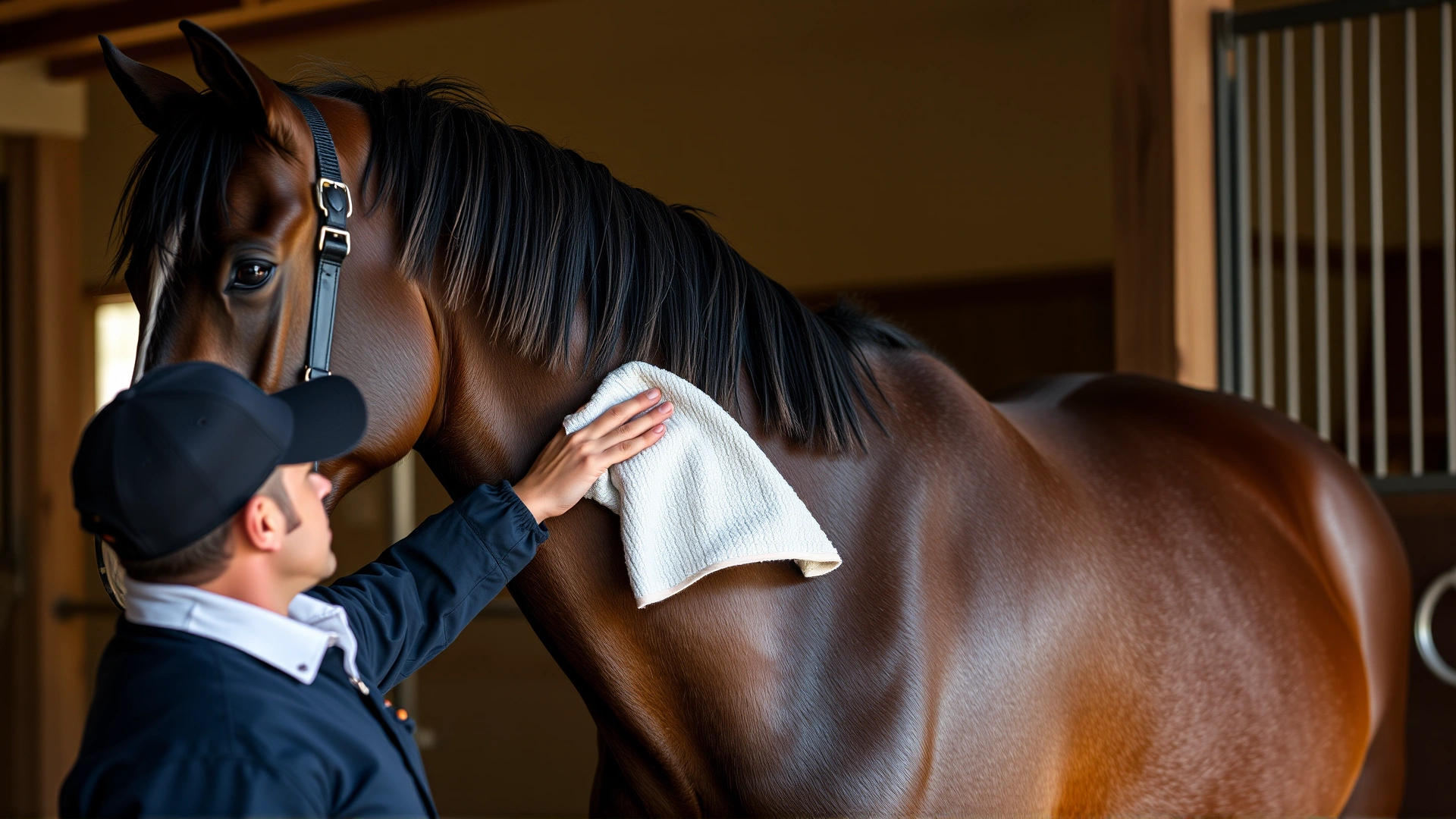 Horse owner applying a warm compress to a horse's shoulder using a clean cloth, indoor stable environment, no text