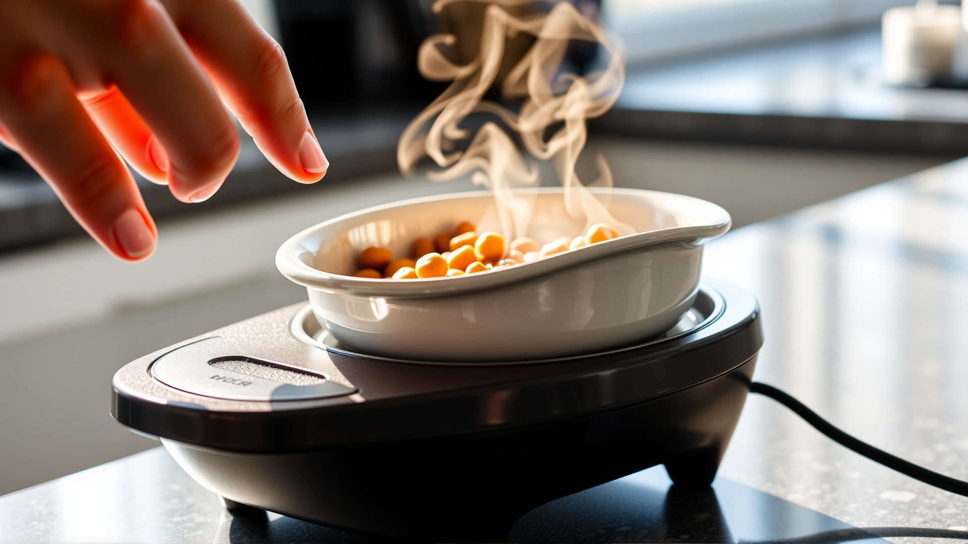 Owner's hand placing a cat food dish on a small warmer with light steam rising, kitchen countertop background, natural daylight.