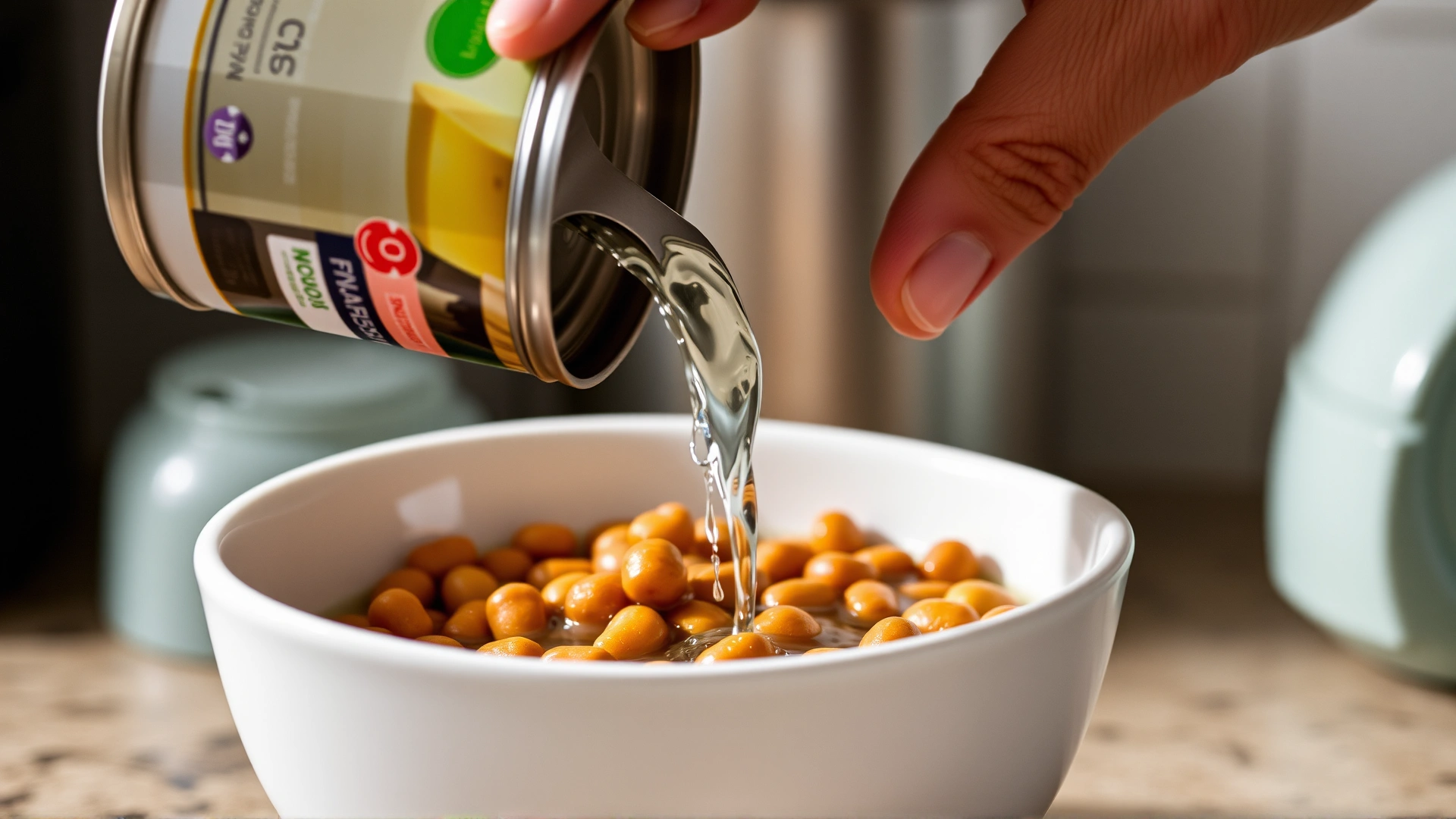 Human hand pouring warm water onto canned cat food in a bowl to release aroma, kitchen countertop background.