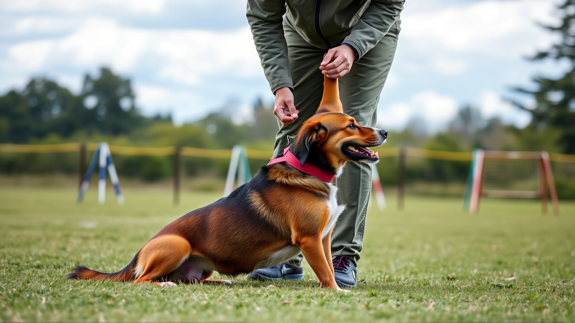Handler gently stretching a dog’s front legs during a warm-up routine on a grassy field before agility practice.