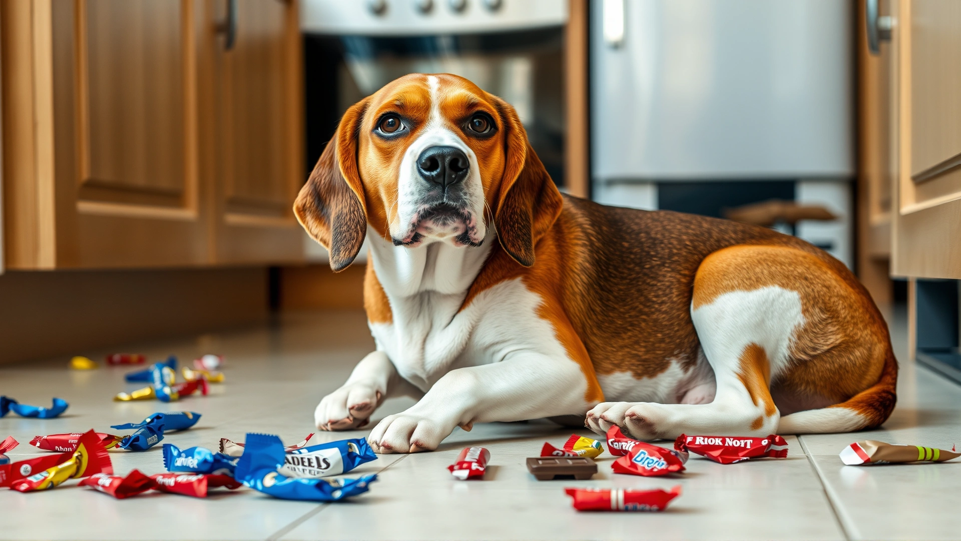 Medium shot of a beagle sitting on a kitchen floor next to scattered chocolate wrappers, looking slightly unwell, natural lighting
