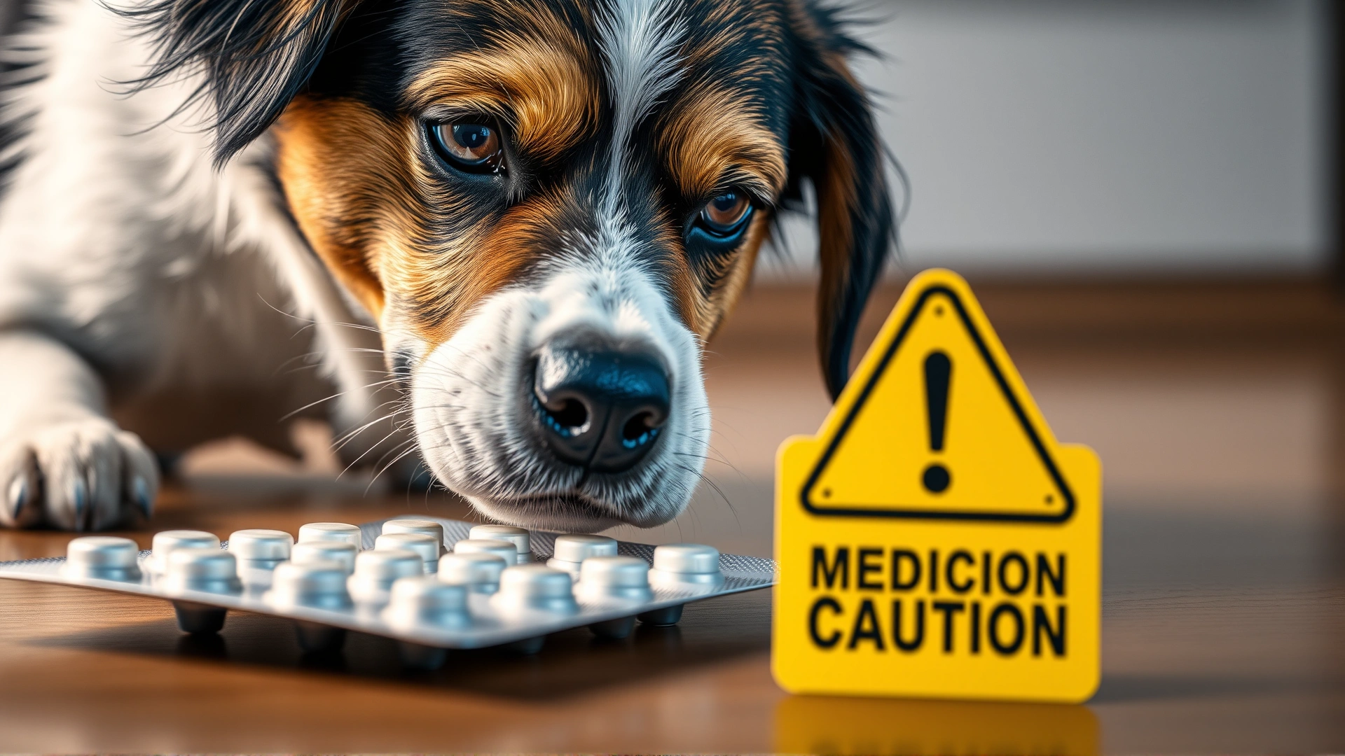 Curious dog sniffing a blister pack of pills with a bright yellow warning sign in foreground, no text on sign, highlighting medication caution.