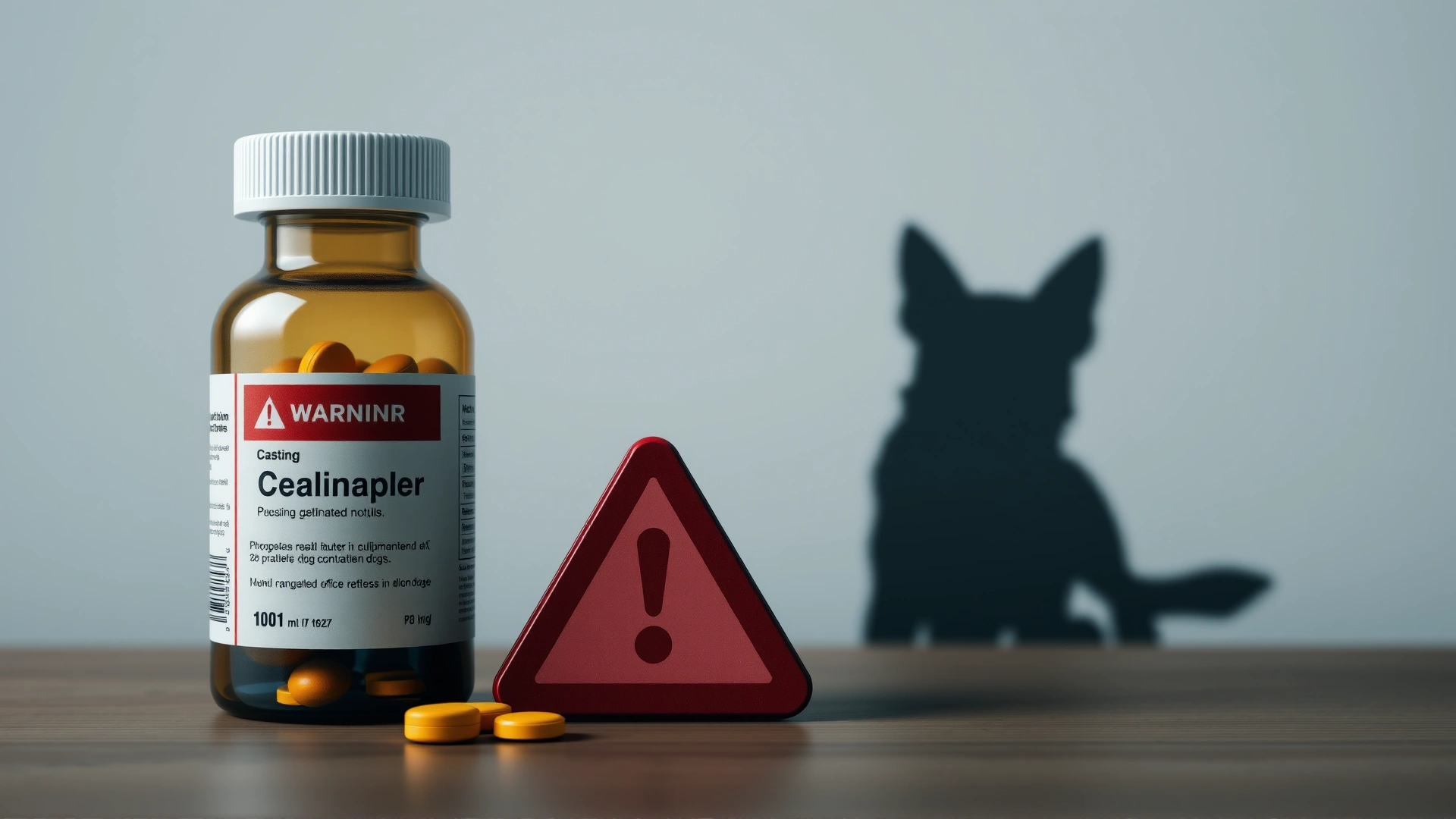 A red triangular warning sign with an exclamation mark placed next to a generic pill bottle and a silhouette of a dog, emphasizing caution