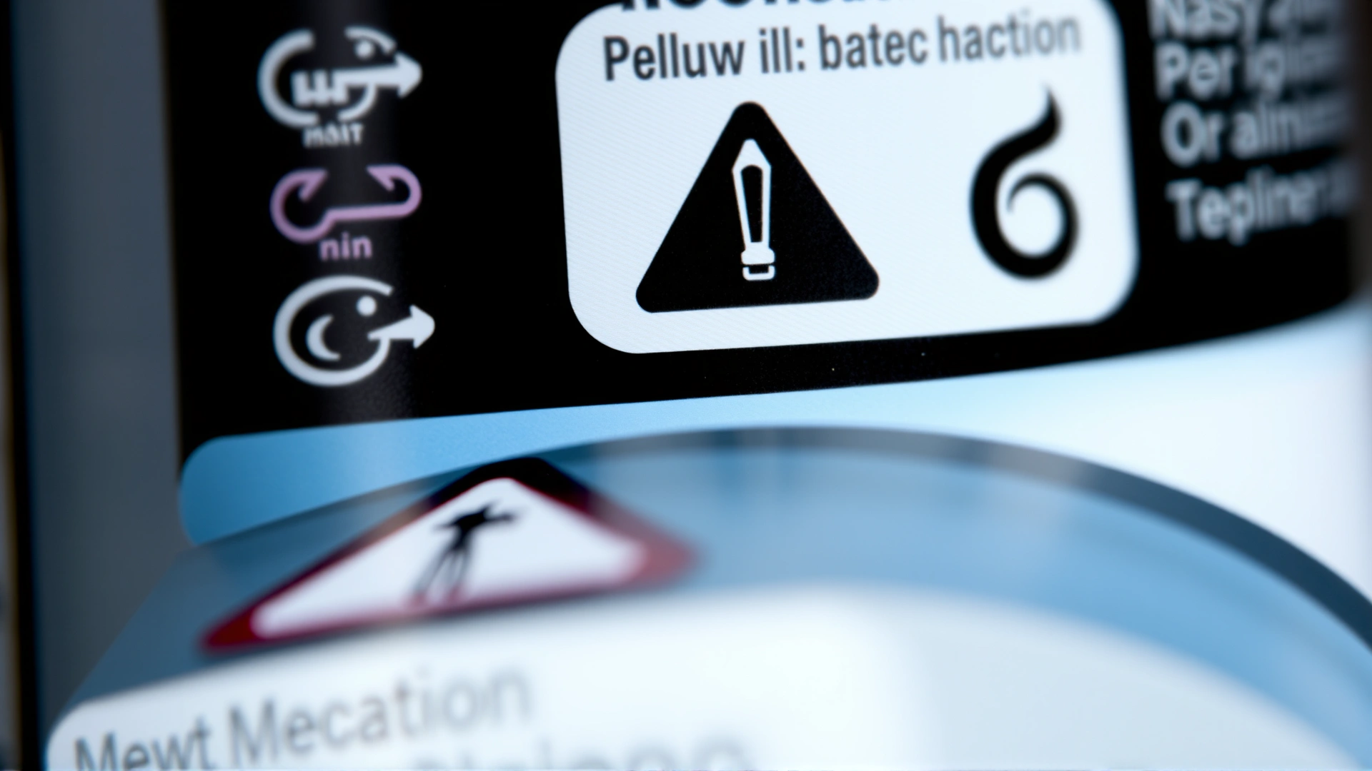 Close-up macro shot of a pet medication label showing dosage icons and warning triangle, high resolution