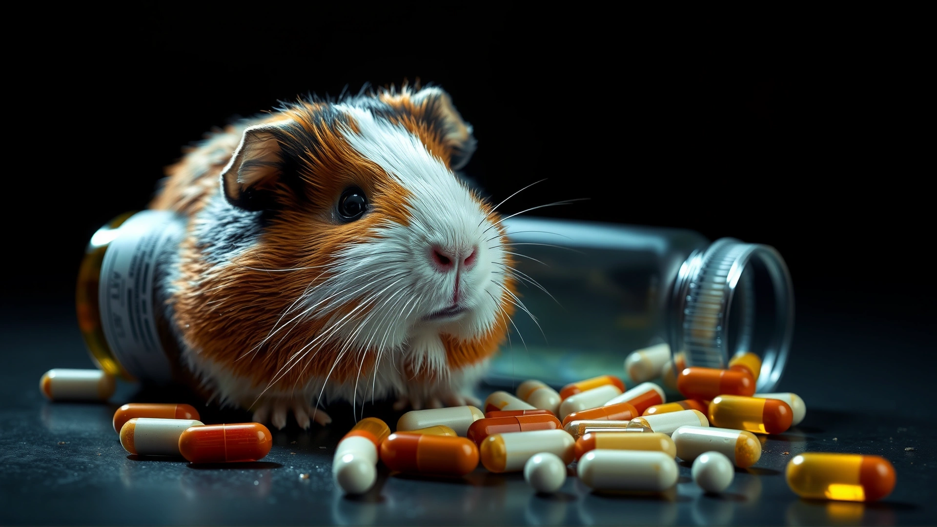 Photo of a guinea pig next to a tipped-over bottle of pills, capsules scattered around, dramatic lighting to convey danger.