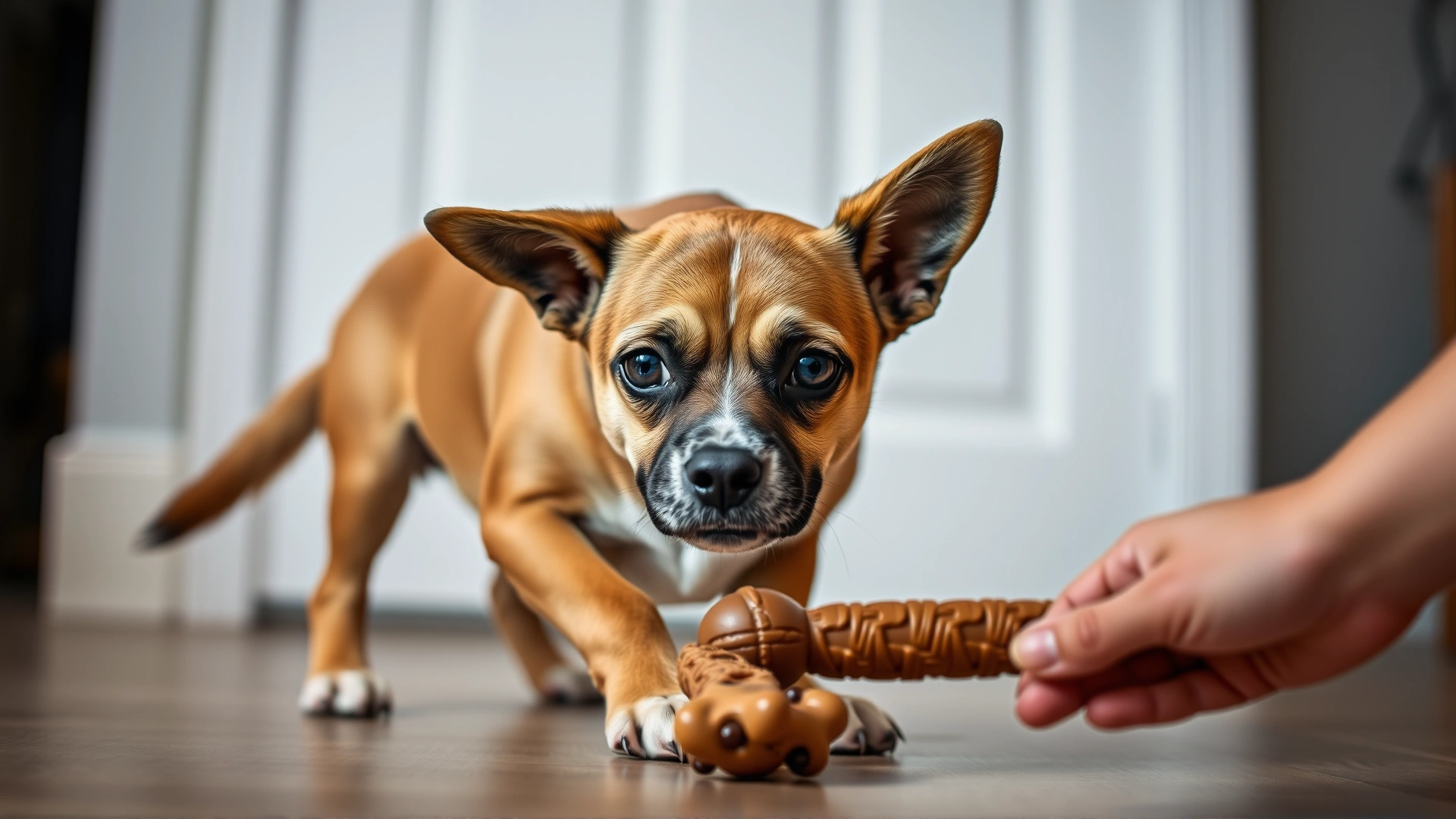 A medium-sized dog stiffly hovering over a chew toy with ears pinned back and body tense, giving a slight side-eye toward an approaching hand, indoors.