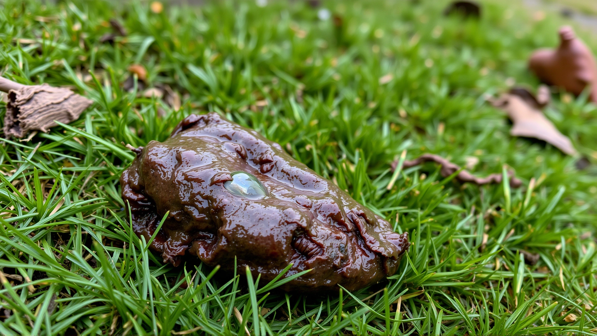 Photograph of loose dog stool on grass, clearly showing watery texture (no text)