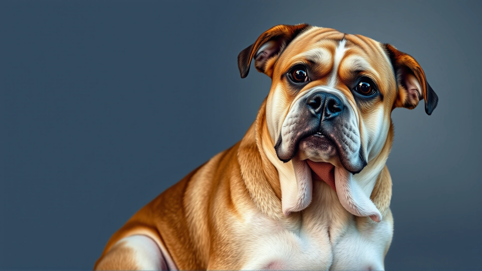 Close-up of a concerned dog sitting with a slightly bloated belly and sad eyes, illustrating possible digestive discomfort