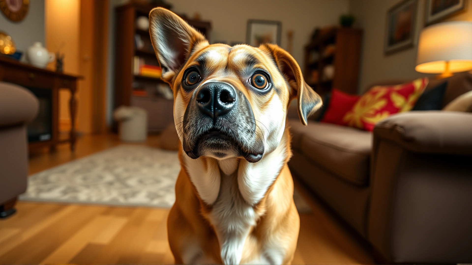 Medium-sized dog standing unsteadily with dilated pupils in a living room, conveying confusion, no text.
