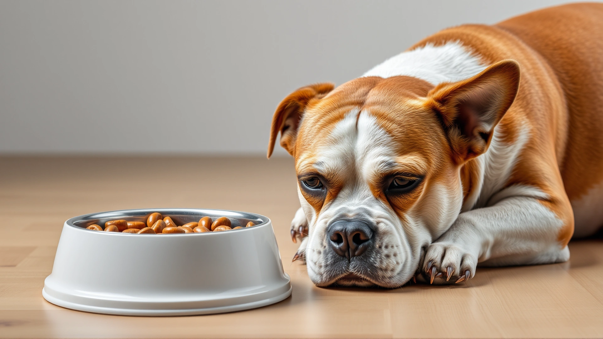 A dog looking lethargic next to an untouched food bowl, illustrating potential side effects like appetite loss