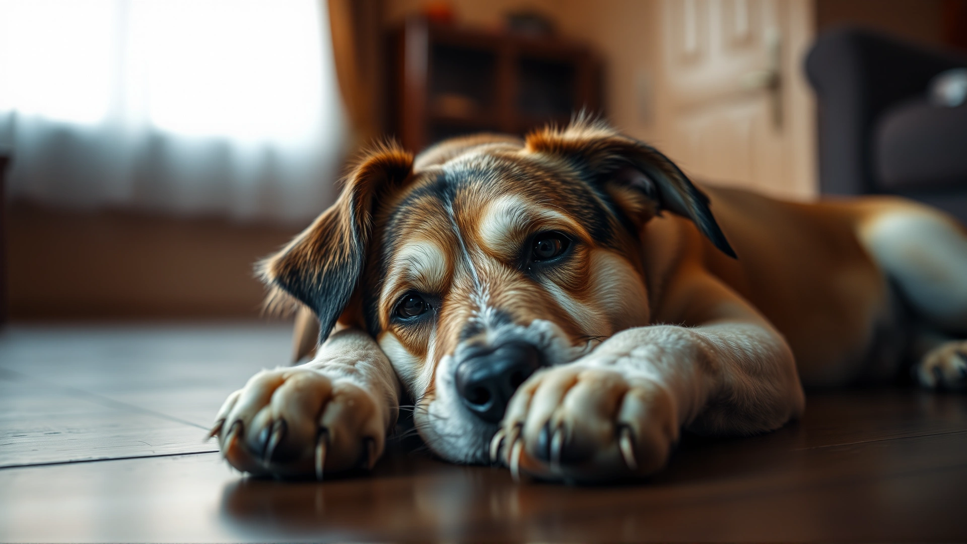 Sad dog lying on the floor with head on paws, looking uncomfortable, warm indoor lighting