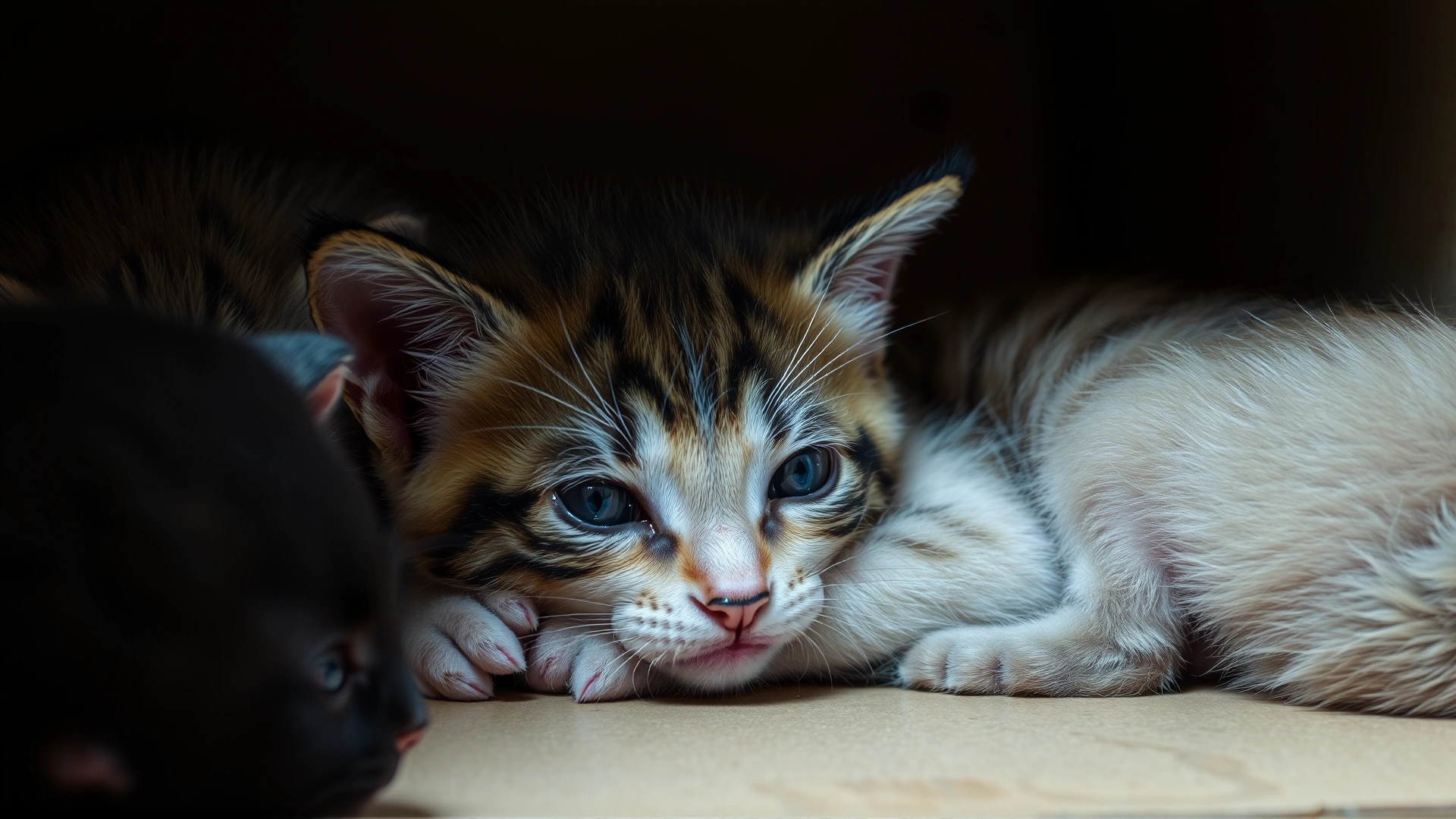 A weak-looking kitten lying separately from its littermates inside a box, dim lighting emphasizing concern