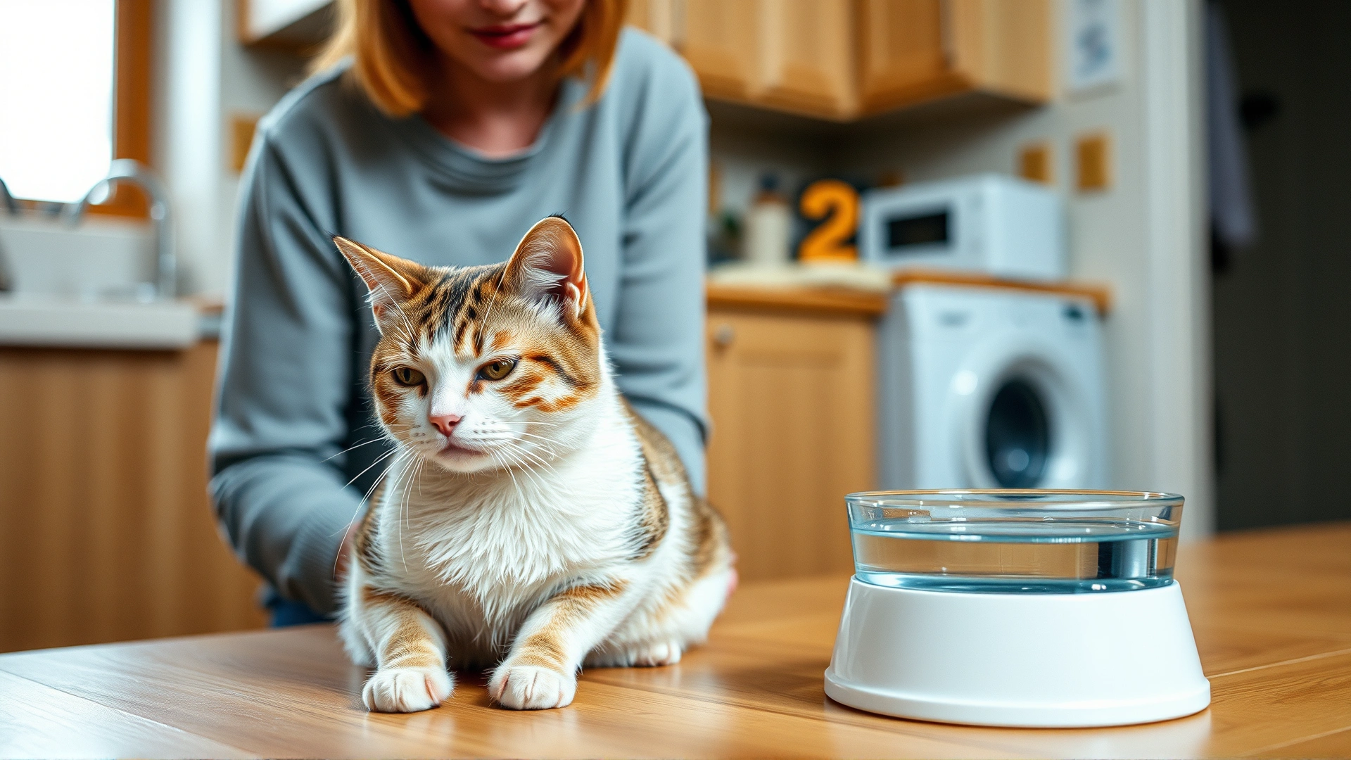Concerned cat owner observing a sick cat that looks lethargic while sitting next to a water bowl in the kitchen.