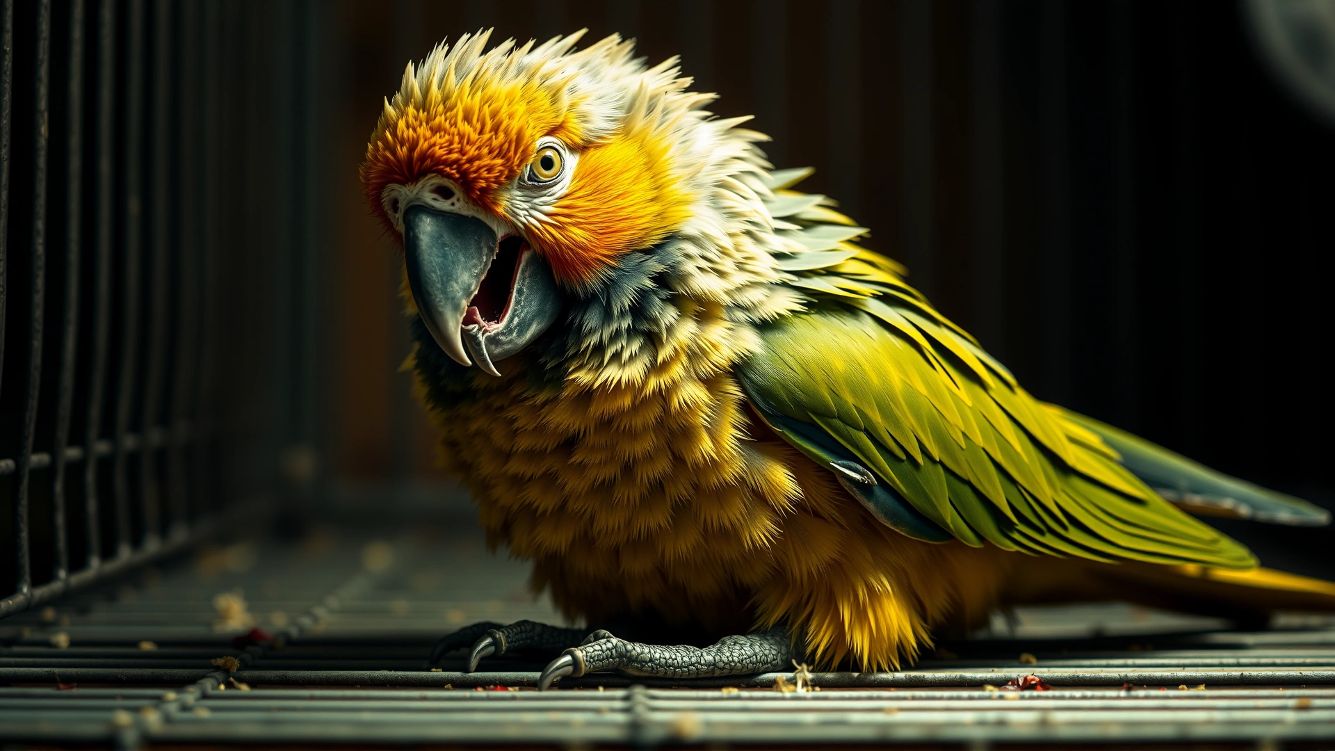 Parrot sitting on the cage floor with ruffled feathers and open mouth breathing, dimly lit to emphasize distress.
