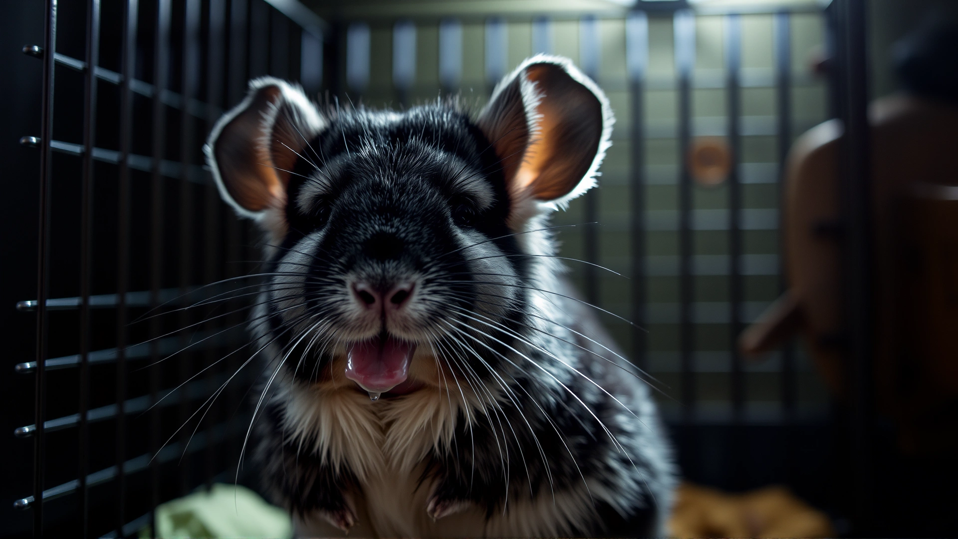 A chinchilla drooling slightly while sitting in its cage, showing visible signs of distress, dim indoor lighting