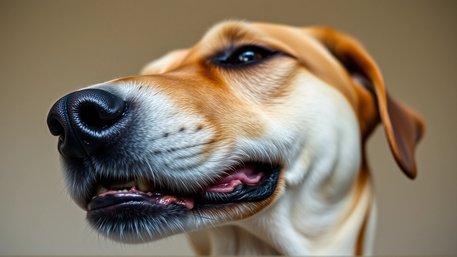 Close-up shot of a dog lifting its lip and showing teeth in a subtle warning, with a softly blurred neutral background.