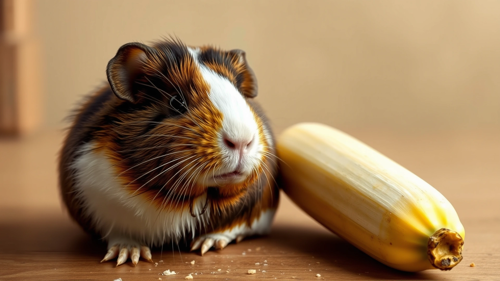 Illustrative photo of a guinea pig with a slightly bloated appearance sitting next to an untouched banana piece, emphasizing caution
