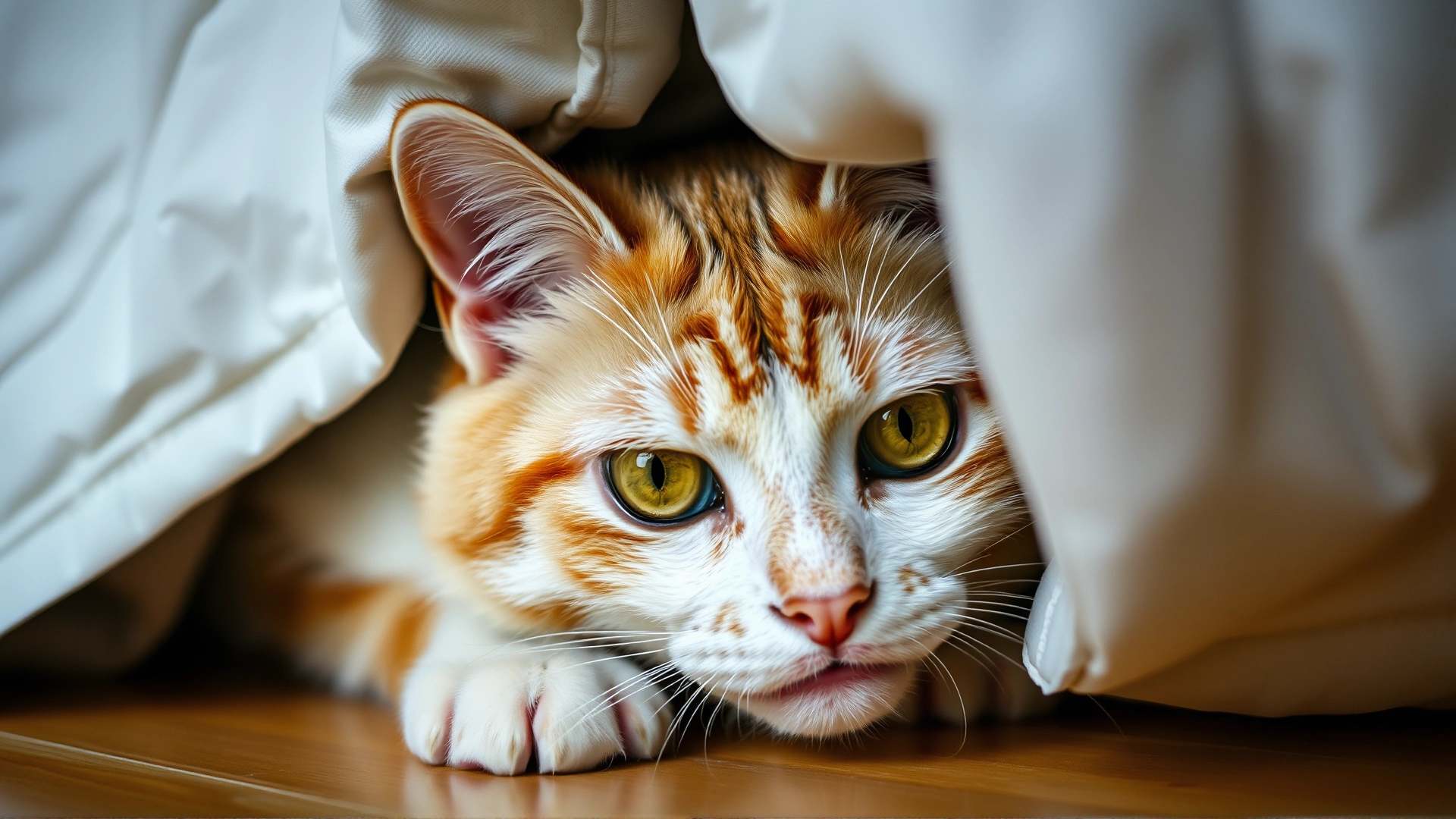 Concerned cat hiding under a bed, eyes wide, illustrating subtle signs of pain, indoor setting.