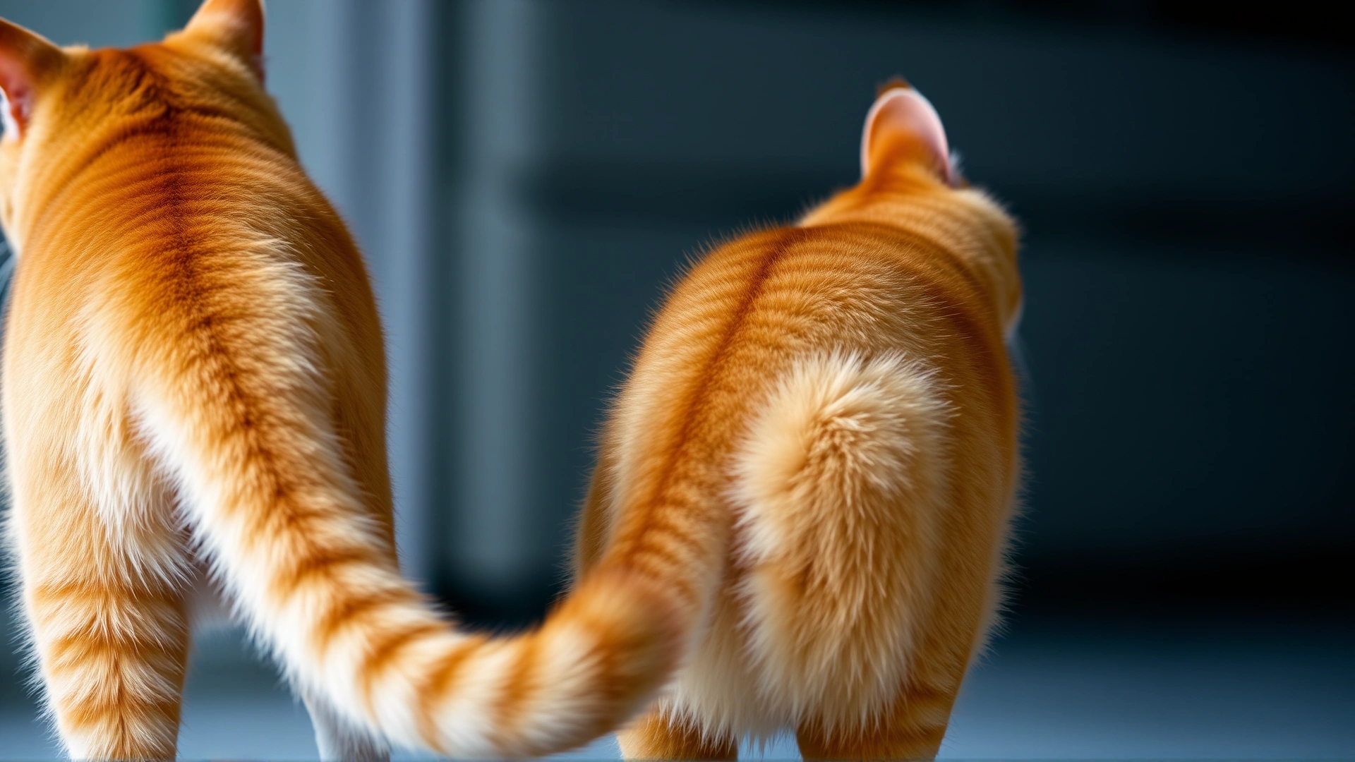Orange tabby cat looking back at its swollen tail, indoor setting, soft lighting, no graphic details.